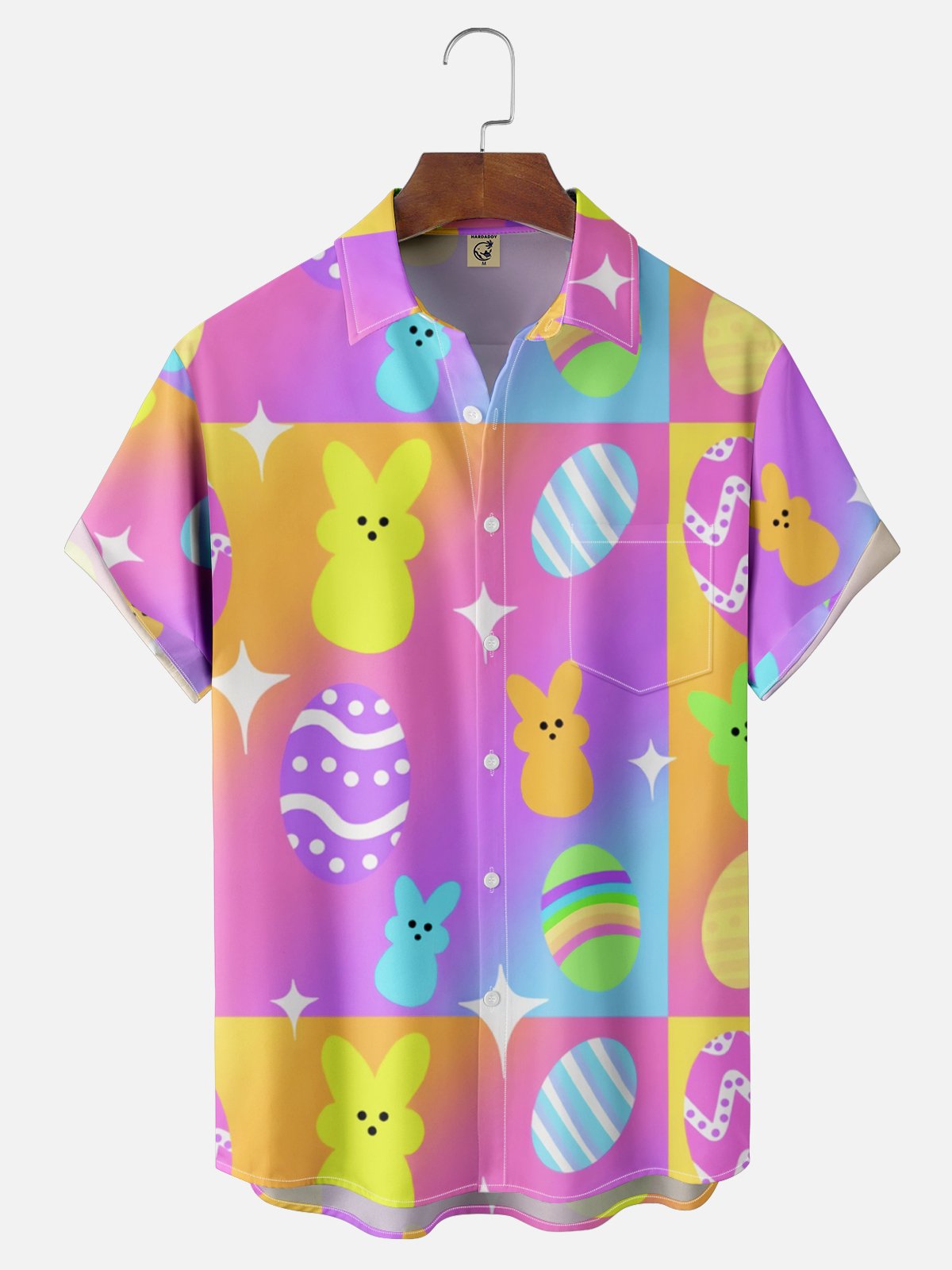 Moisture-wicking Easter Bunny Eggs Gradient Color Chest Pocket Casual Shirt