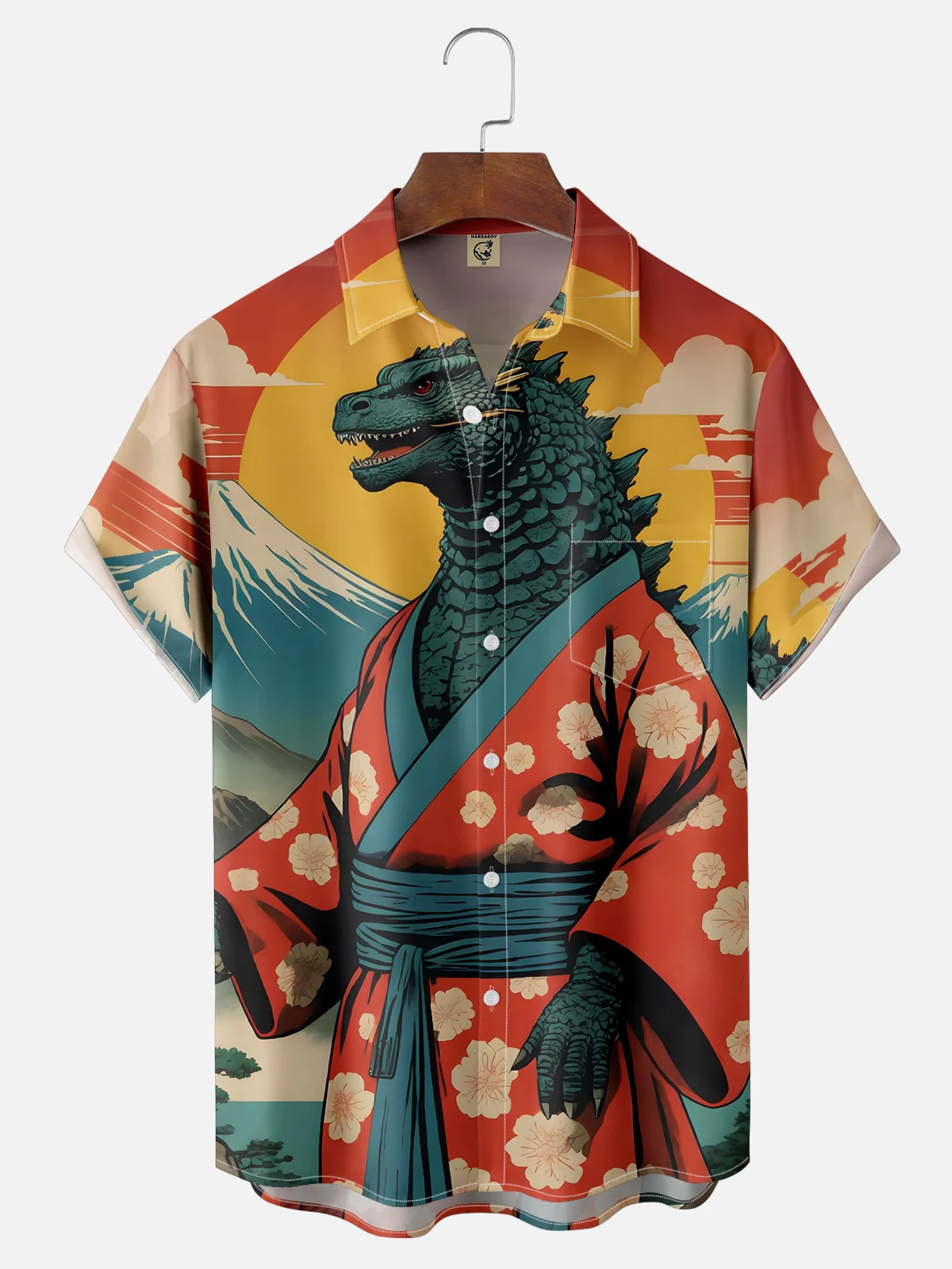 Moisture Wicking Ukiyo-e Dinosaur Chest Pocket Hawaiian Shirt