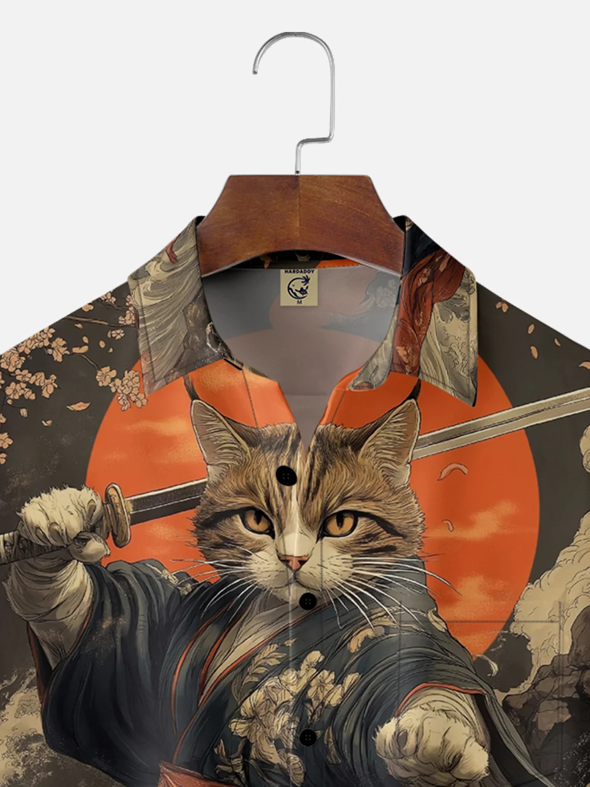 Moisture-wicking Cat Samurai Sakura Wave Chest Pocket Casual Shirt
