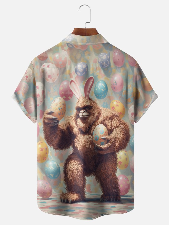 Tall Size Moisture-wicking Easter Bigfoot Bunny Chest Pocket Casual Shirt