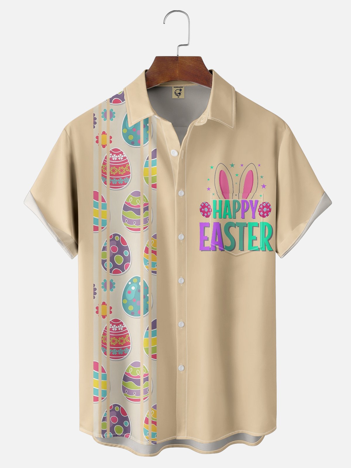 Tall Size Moisture-wicking Happy Easter Bunny Egg Art Chest Pocket Bowling Shirt