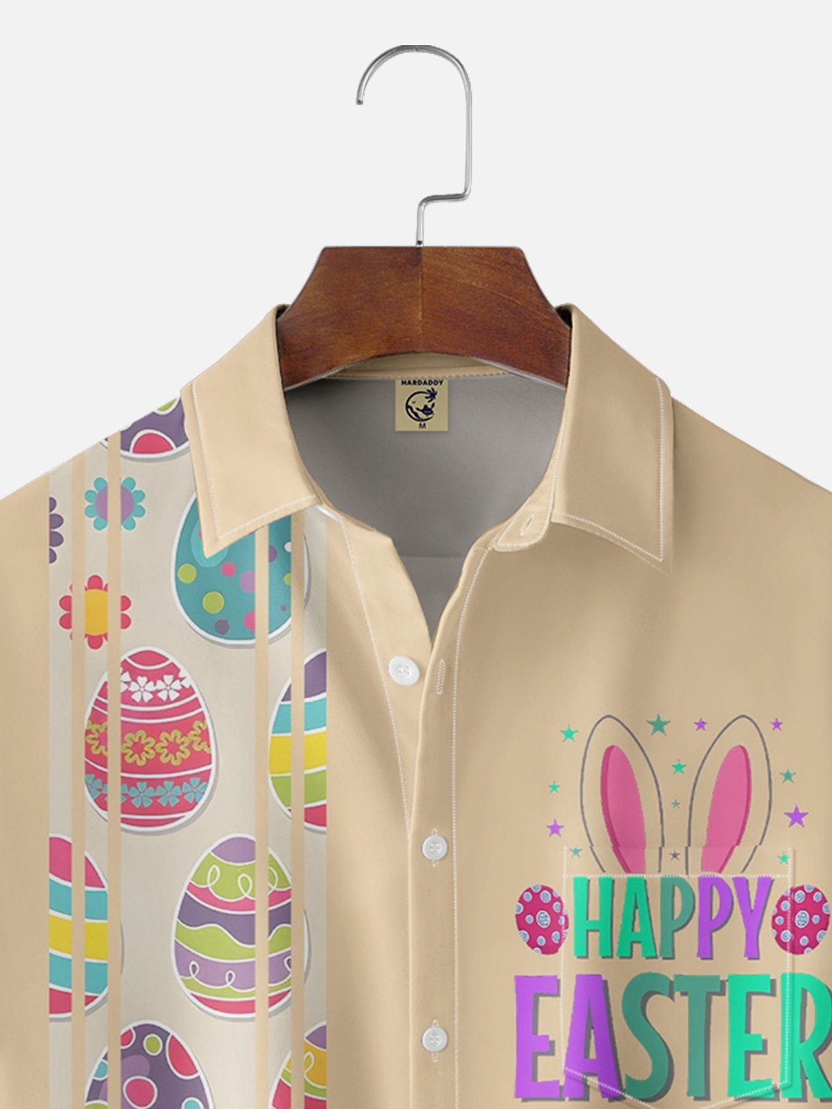 Tall Size Moisture-wicking Happy Easter Bunny Egg Art Chest Pocket Bowling Shirt