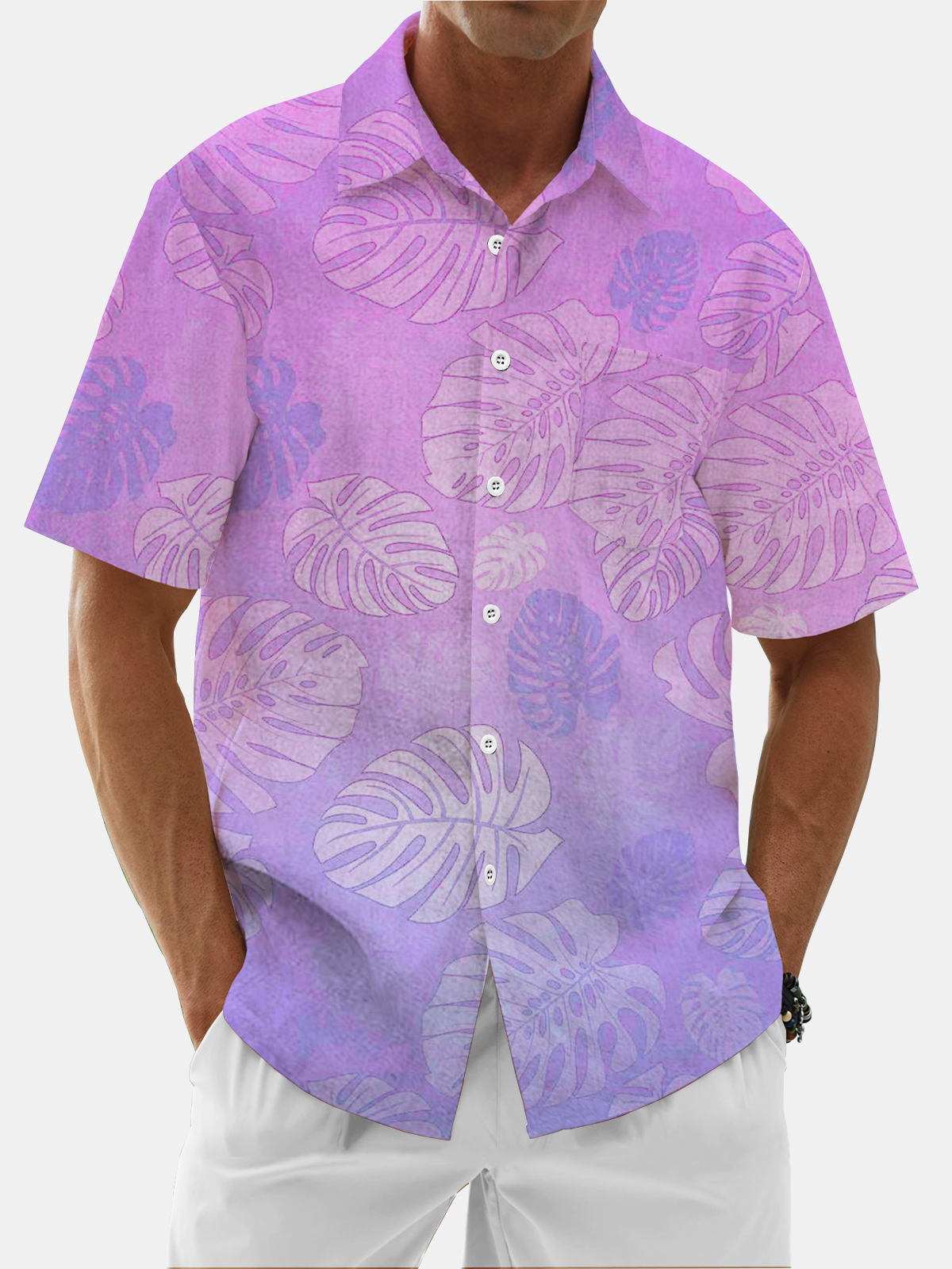 Moisture Wicking Gradient Floral Chest Pocket Hawaiian Shirt