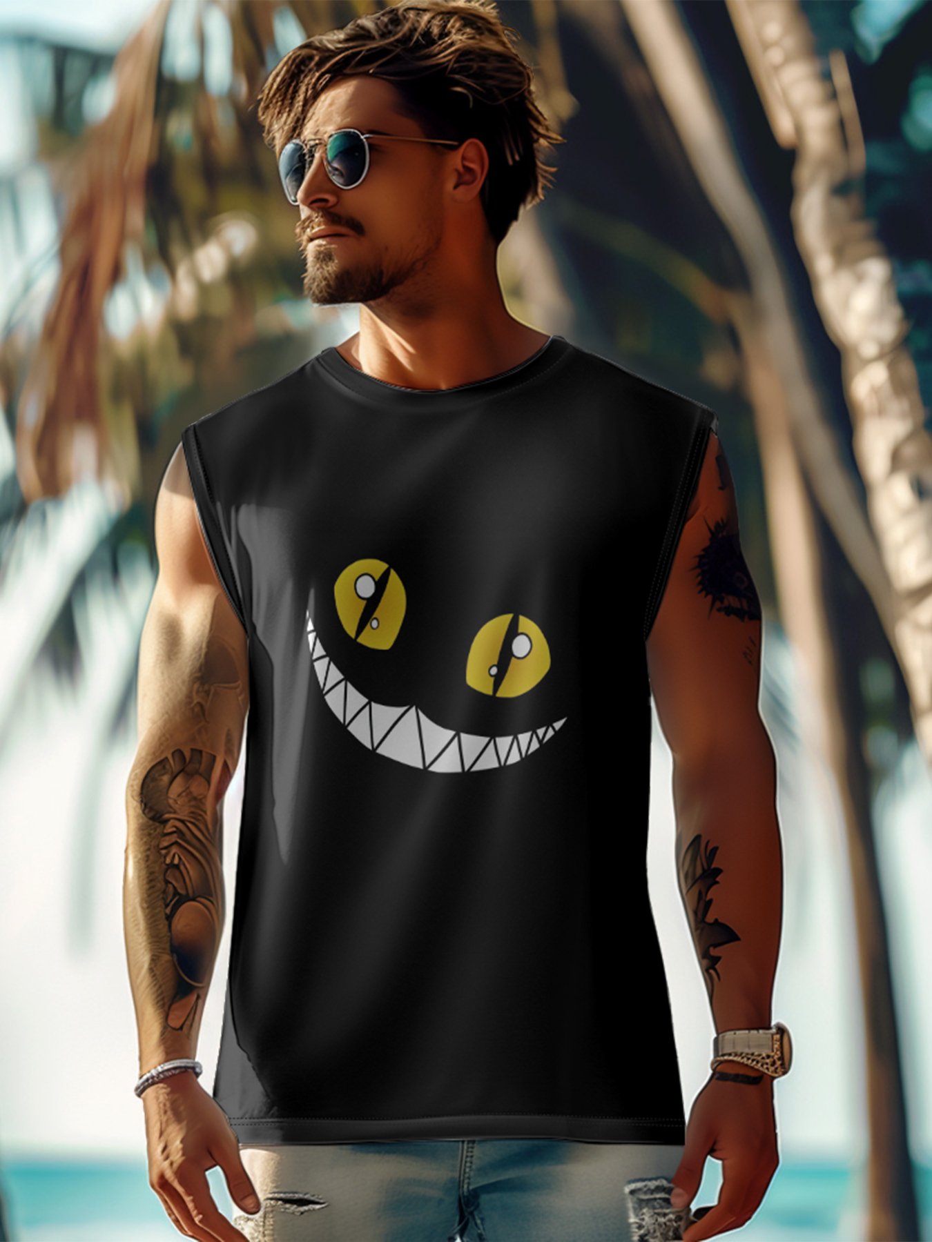 Mens Crewneck Tank Tops Cats Smile Beach Sleeveless Shirt