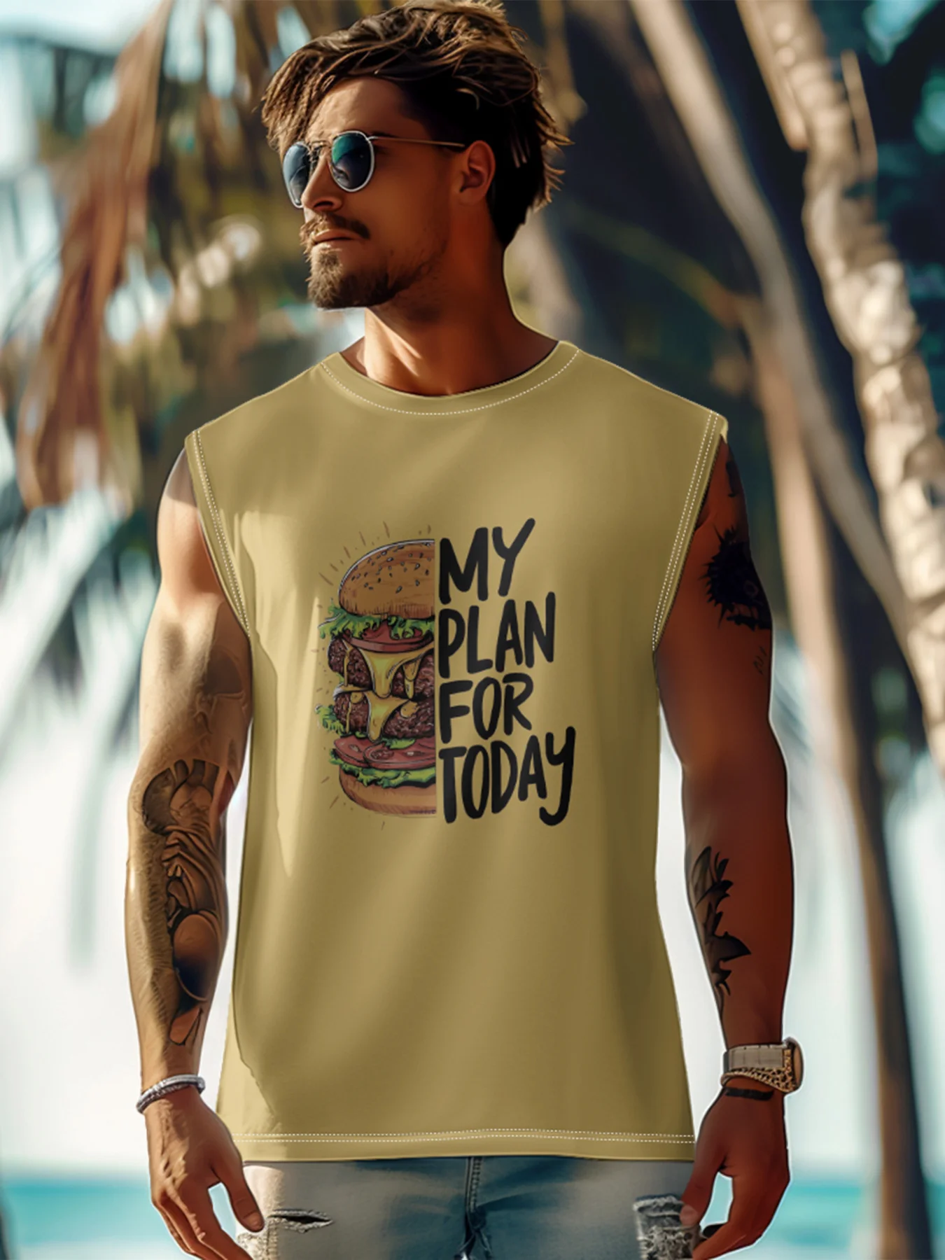 Mens Crewneck Tank Tops Burger Beach Sleeveless Shirt