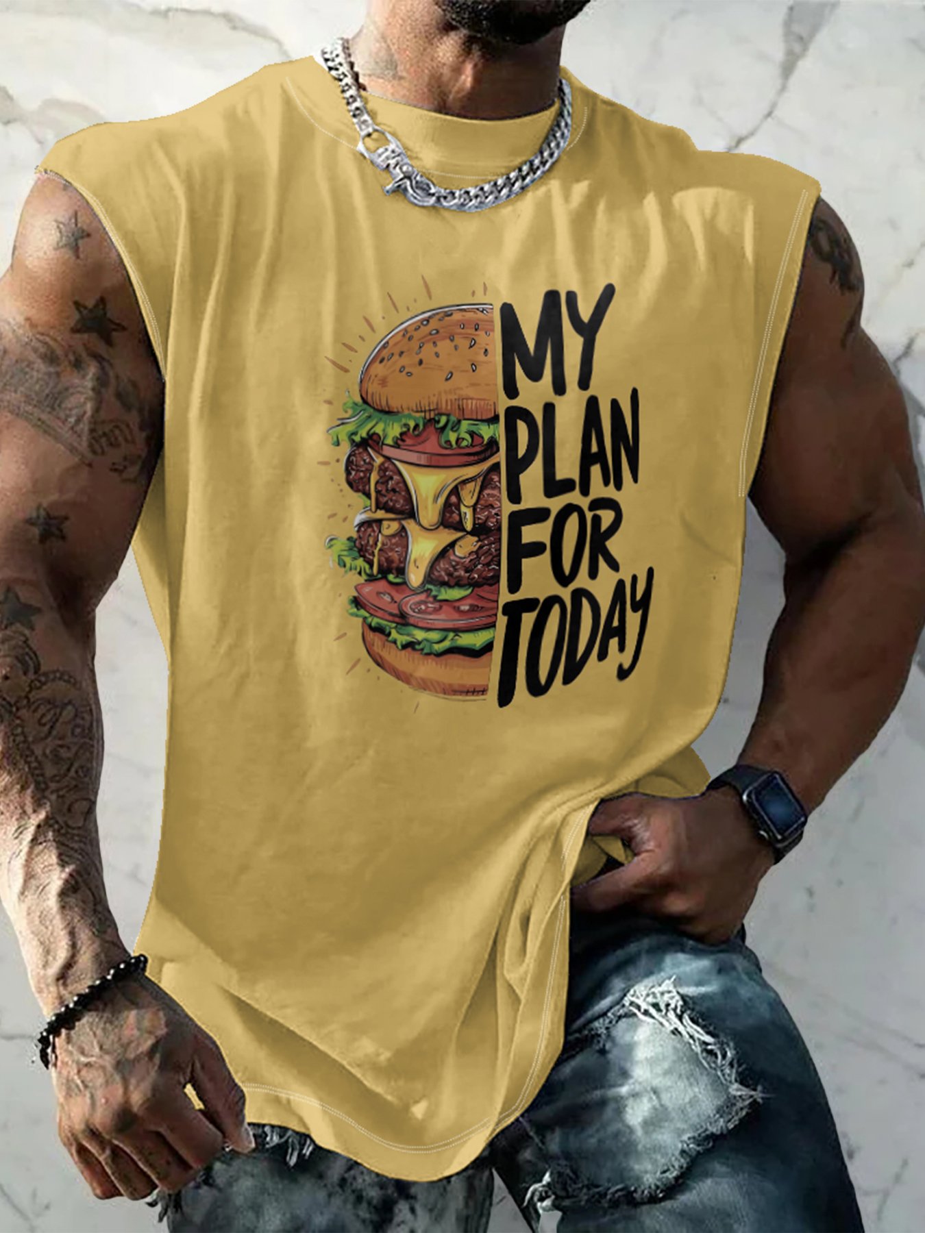 Mens Crewneck Tank Tops Burger Beach Sleeveless Shirt