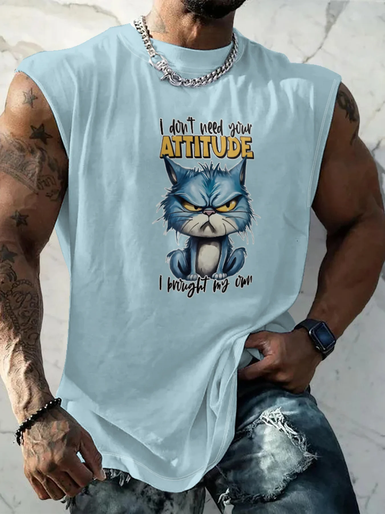 Mens Crewneck Tank Tops Attitude Cat Beach Sleeveless Shirt