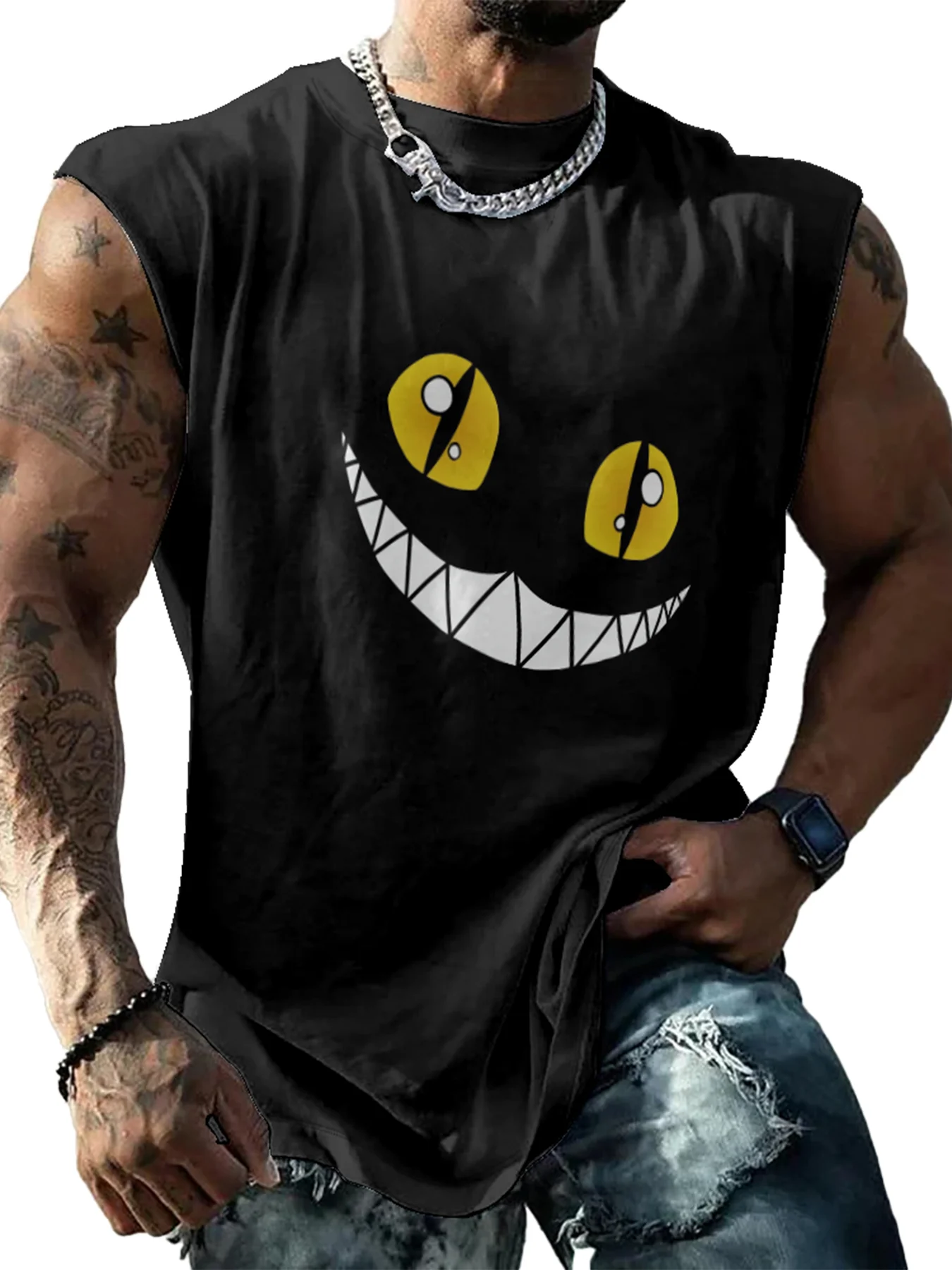 Mens Crewneck Tank Tops Cats Smile Beach Sleeveless Shirt