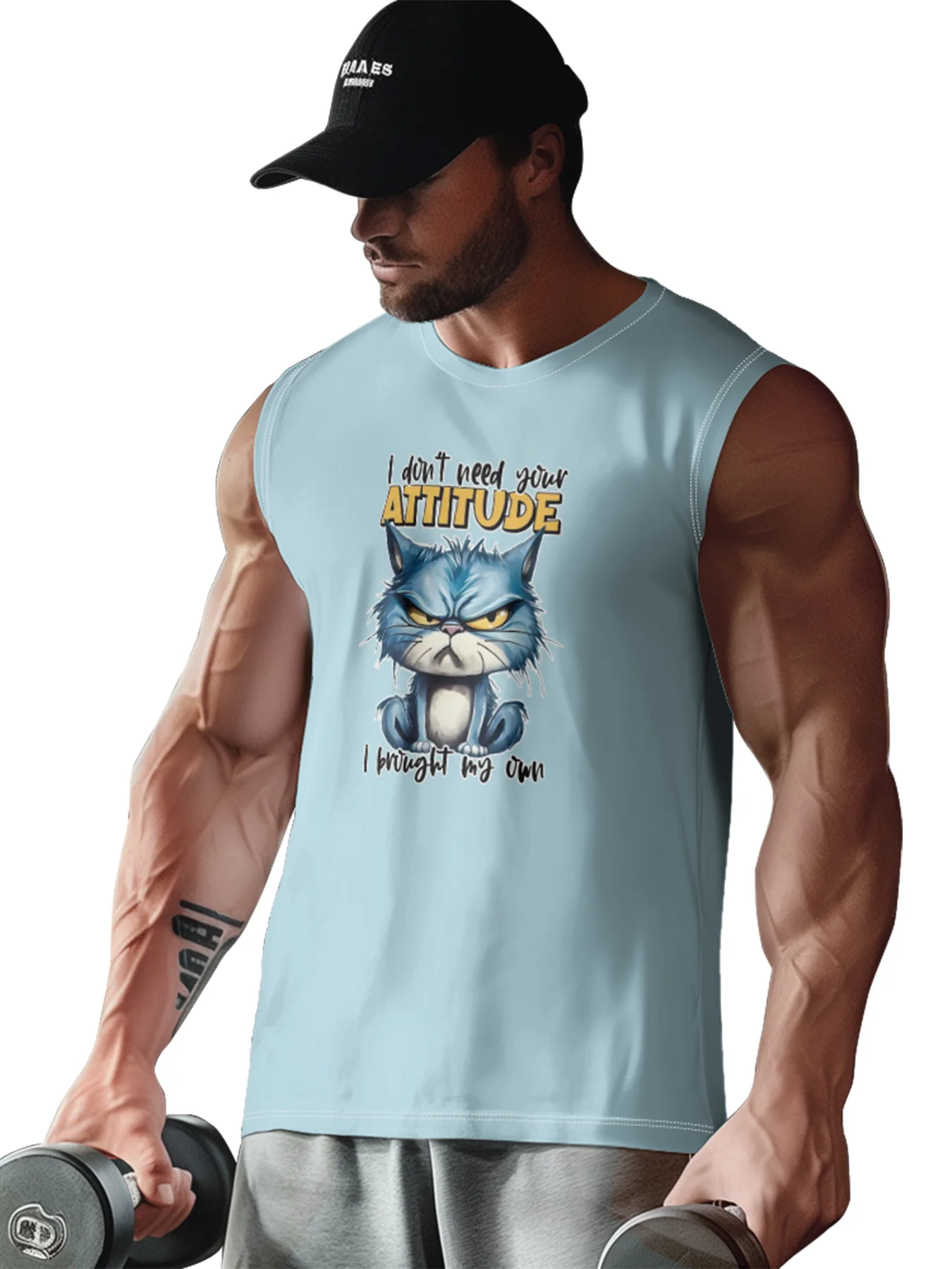 Mens Crewneck Tank Tops Attitude Cat Beach Sleeveless Shirt