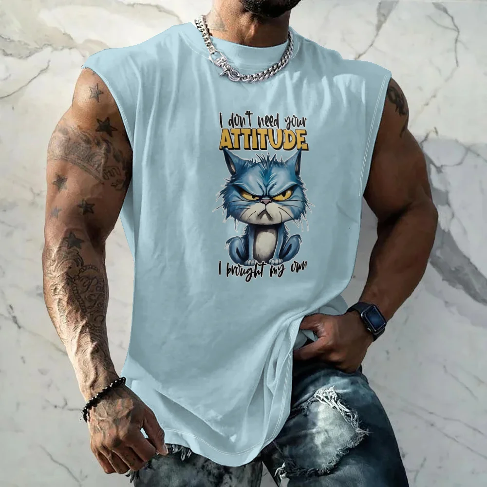 Mens Crewneck Tank Tops Attitude Cat Beach Sleeveless Shirt