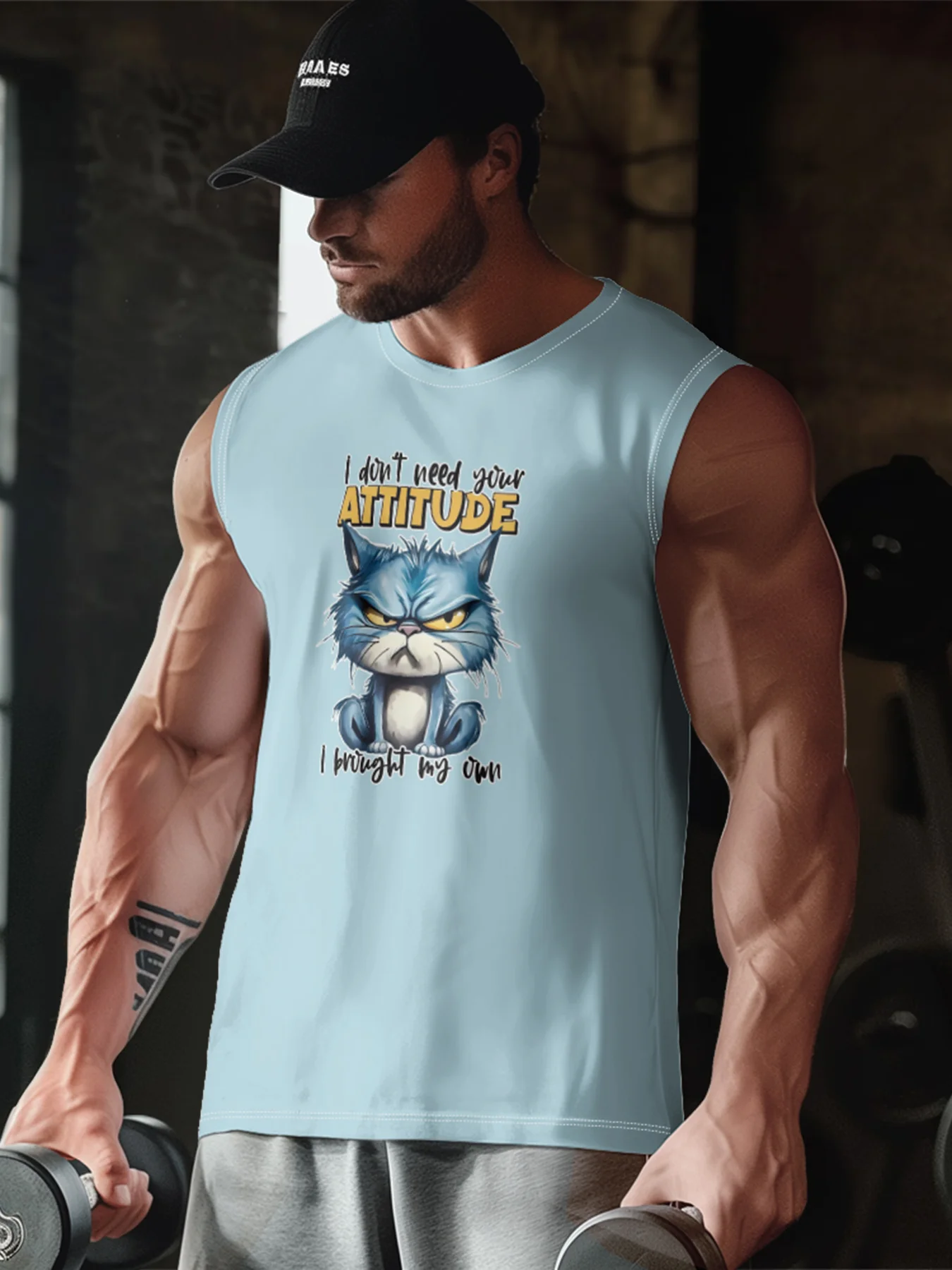 Mens Crewneck Tank Tops Attitude Cat Beach Sleeveless Shirt