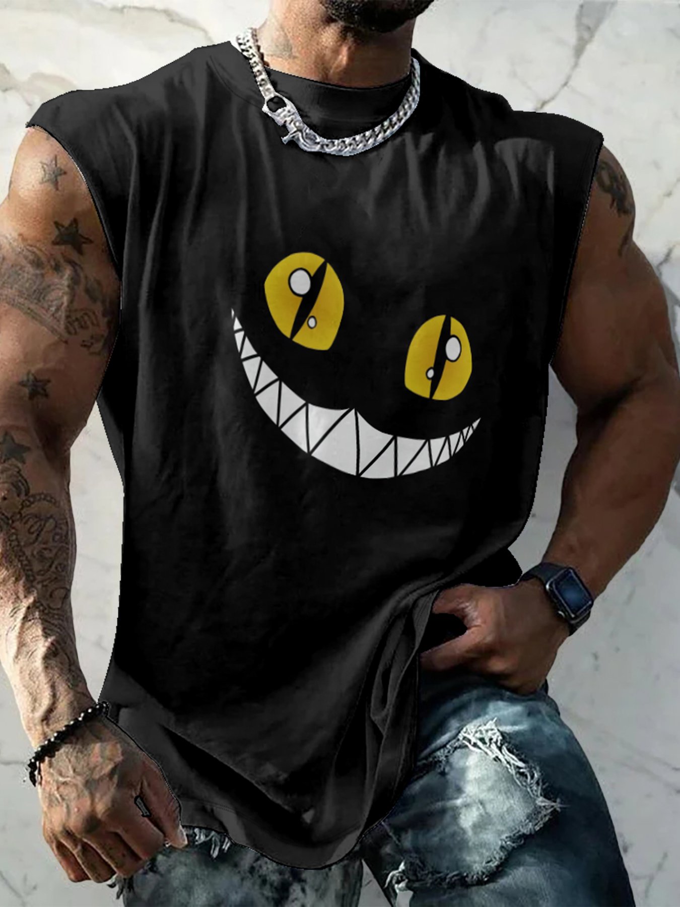 Mens Crewneck Tank Tops Cats Smile Beach Sleeveless Shirt