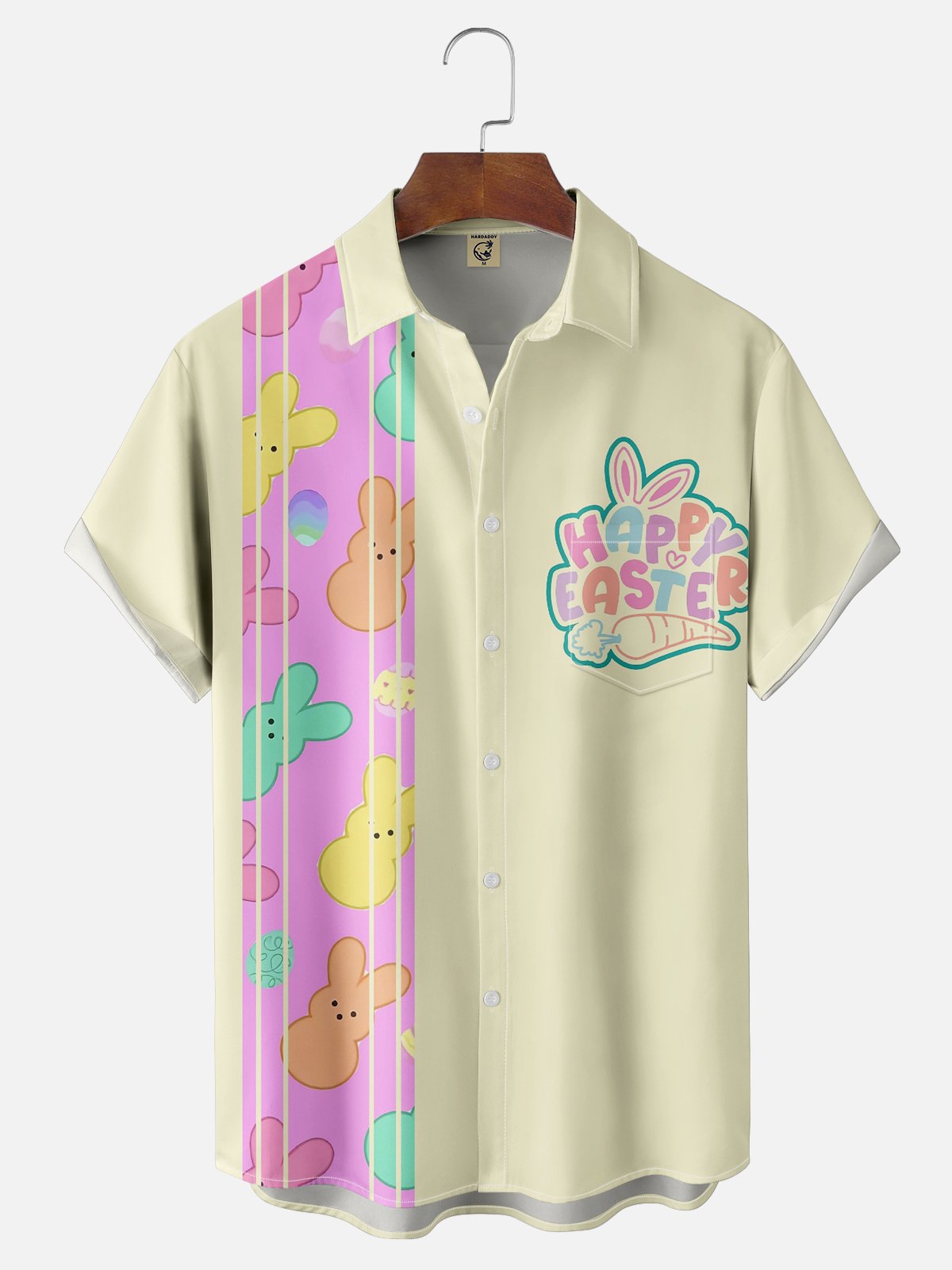 Moisture-wicking Easter Fun Bunny Egg Art Chest Pocket Bowling Shirt