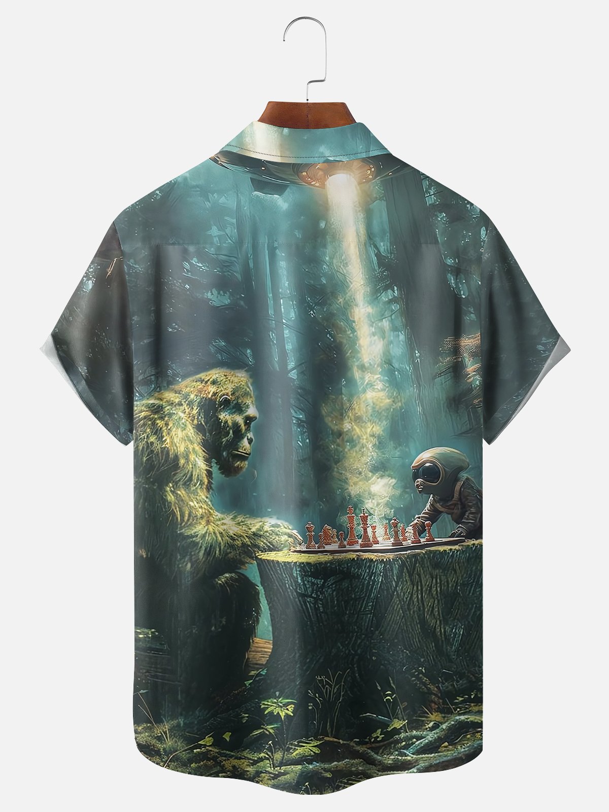 Moisture-wicking Bigfoot vs. Alien Chess Chest Pocket Hawaiian Shirt