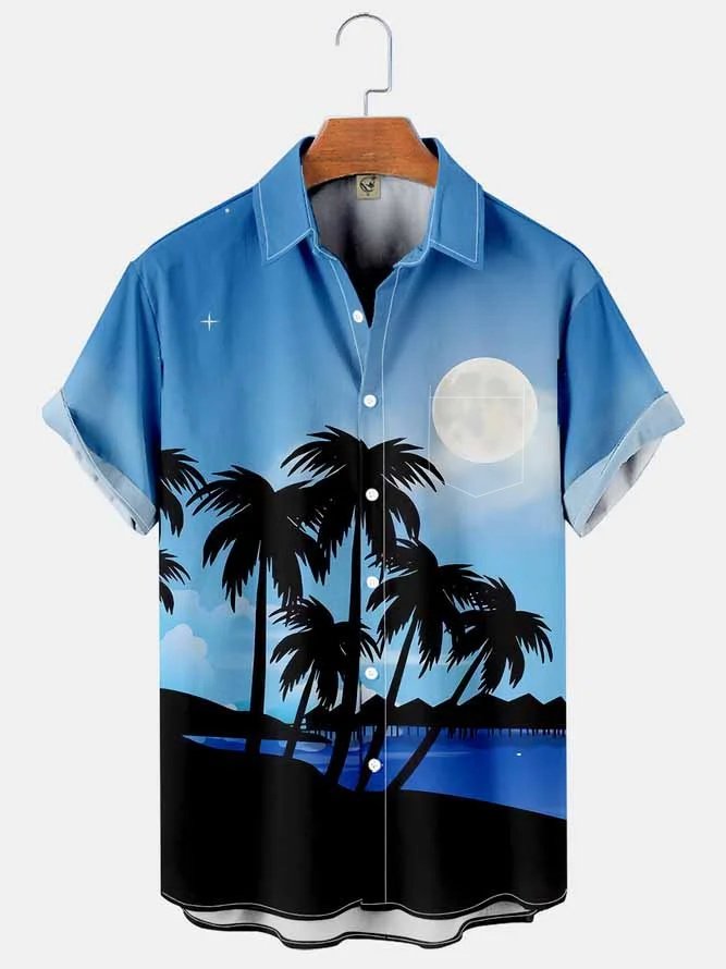 Tall Size Moisture-wicking Palm Tree Chest Pocket Hawaiian Shirt