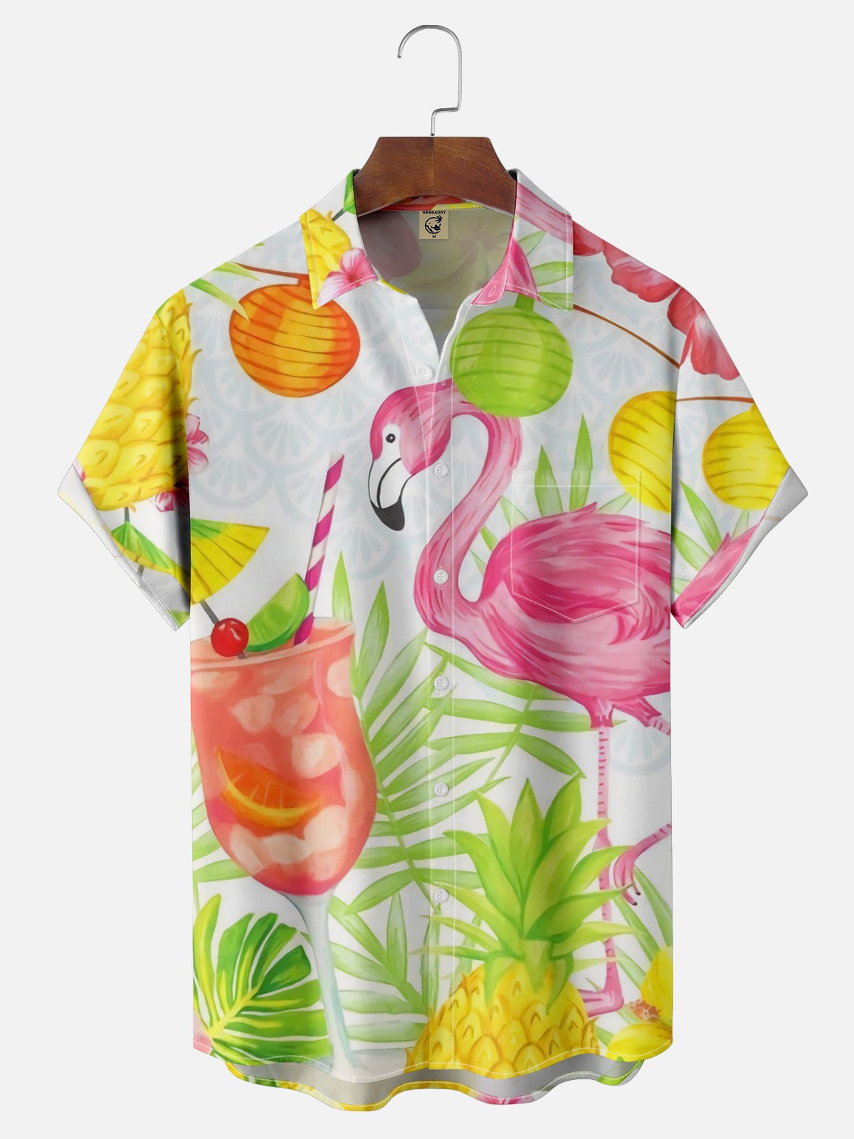 Moisture-wicking Flamingo Cocktail Chest Pocket Hawaiian Shirt