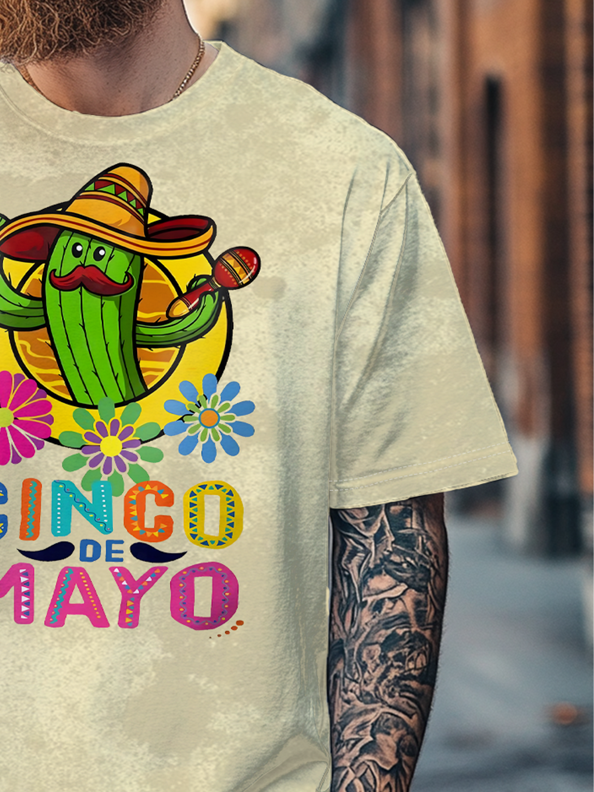 Men's Cinco de Mayo Mexican Cactus Art Multicolor Fitted T-shirts