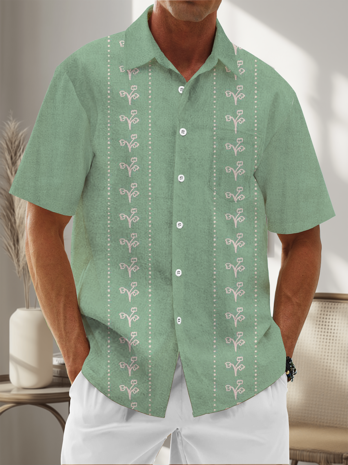 Moisture Wicking Plants Flowers Chest Pocket Guayabera Shirt