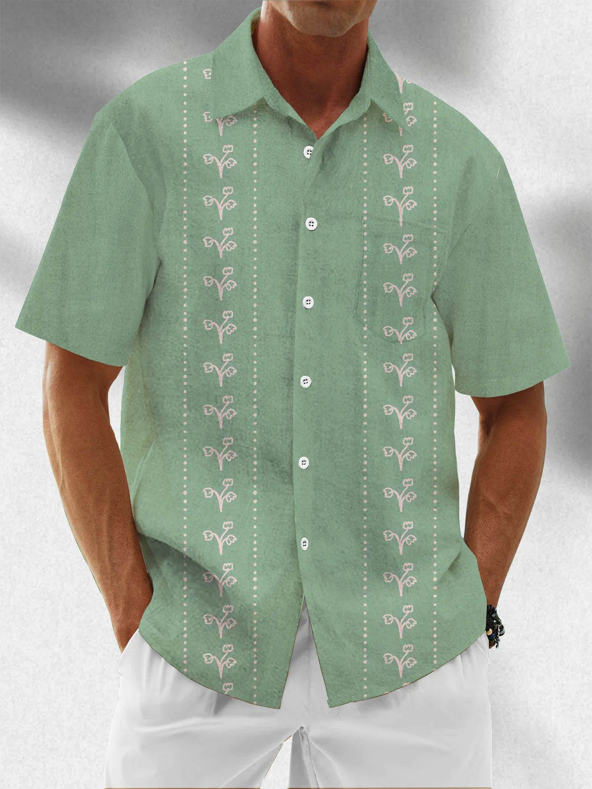 Moisture Wicking Plants Flowers Chest Pocket Guayabera Shirt