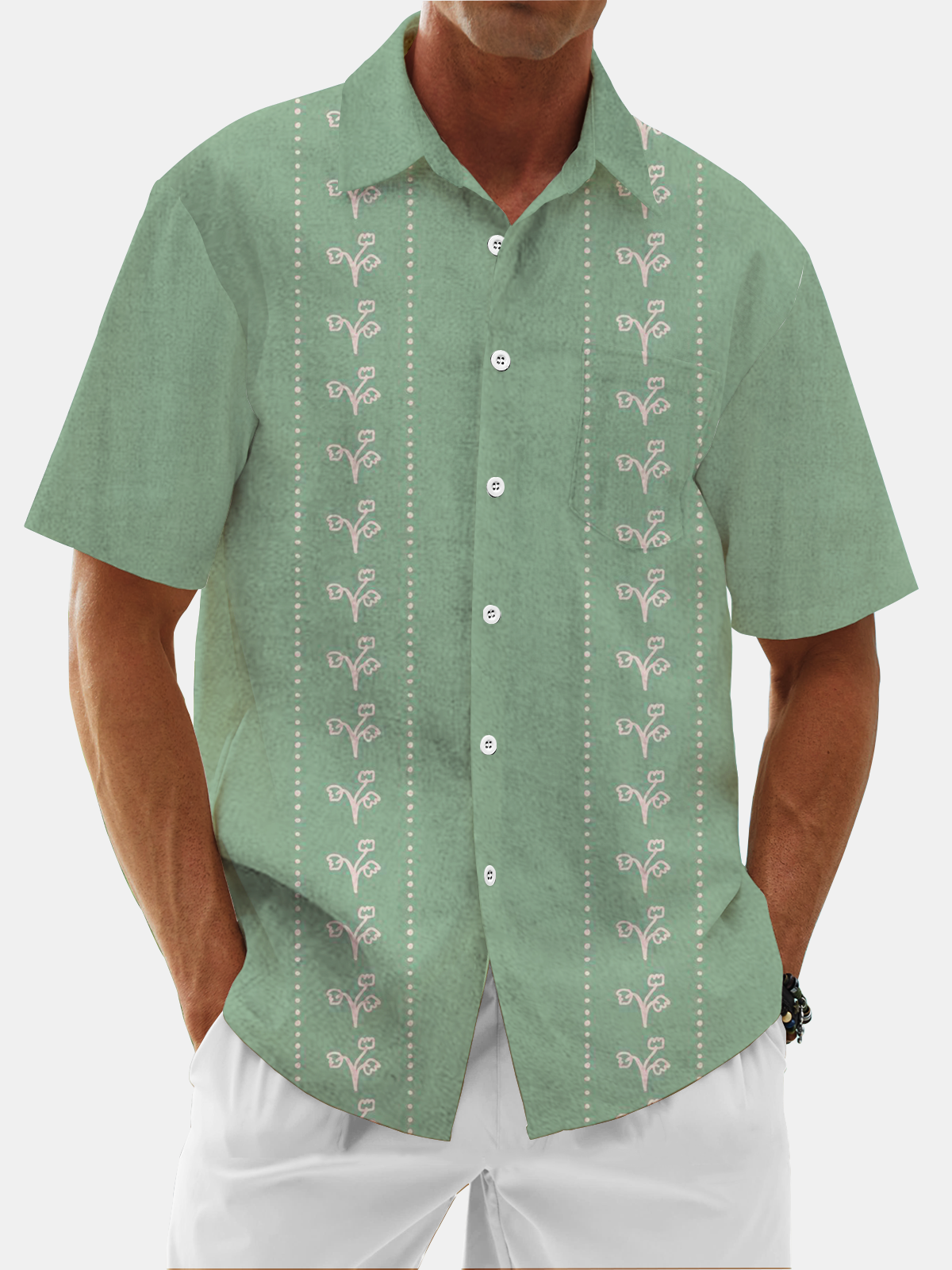 Moisture Wicking Plants Flowers Chest Pocket Guayabera Shirt
