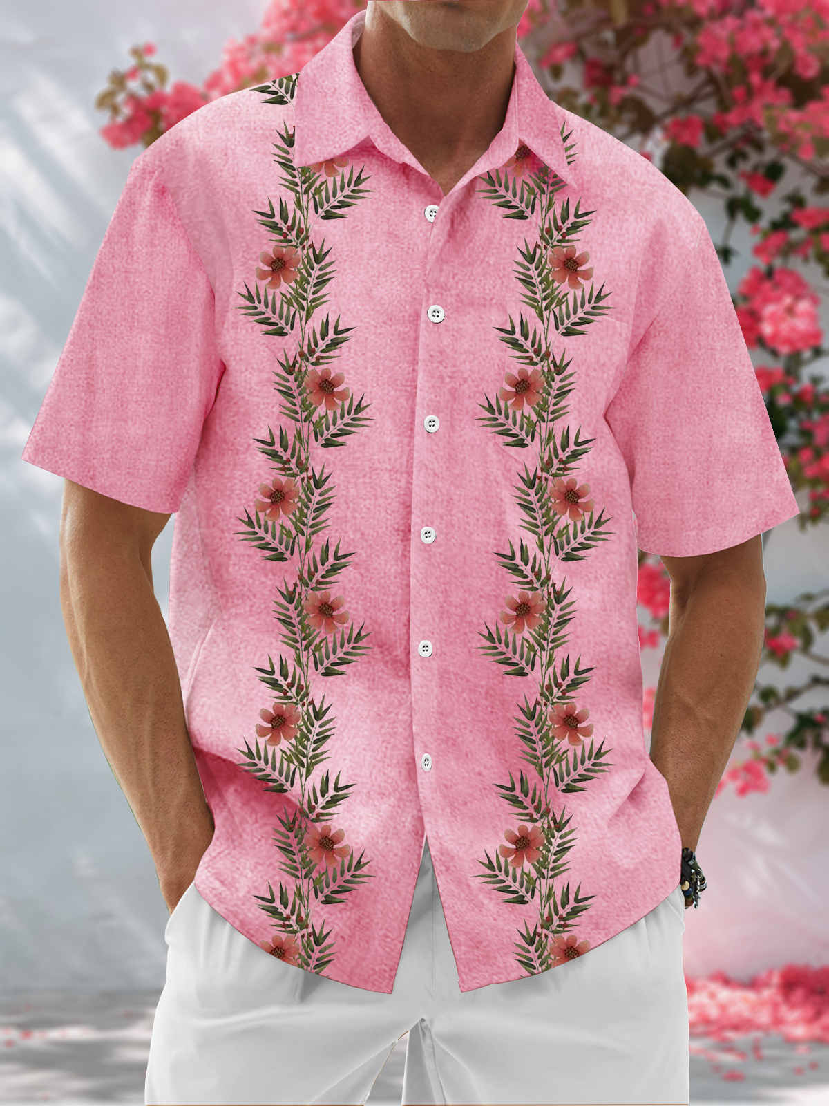 Moisture Wicking Floral Chest Pocket Guayabera Shirt