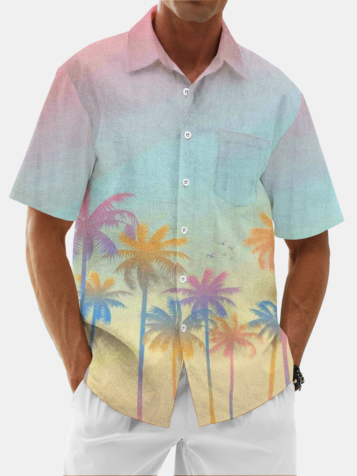 Moisture Wicking Gradient Coconut Tree Chest Pocket Hawaiian Shirt