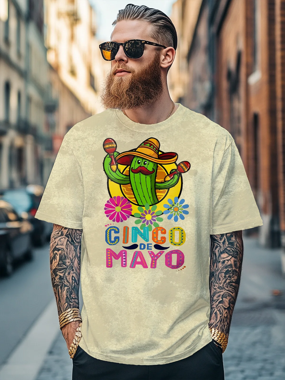 Men's Cinco de Mayo Mexican Cactus Art Multicolor Fitted T-shirts