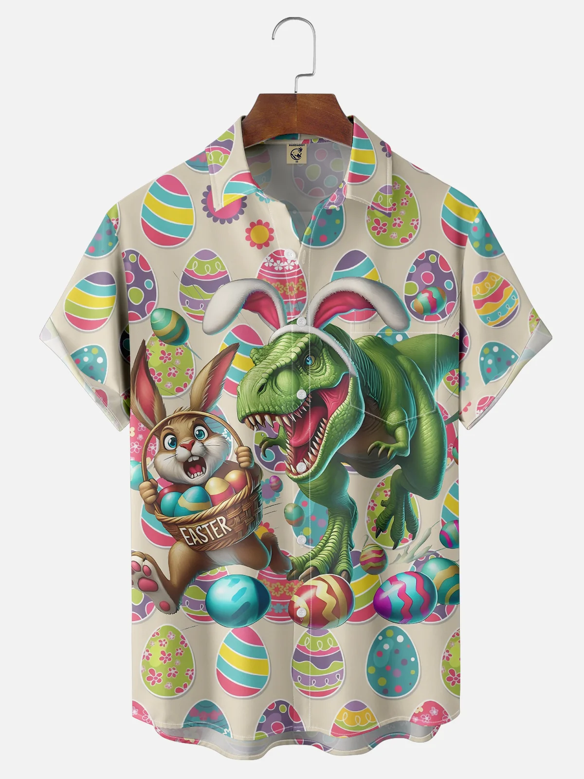 Tall Size Moisture-wicking Easter Dinosaur Rabbit Bunny Eggs Chest Pocket Casual Shirt