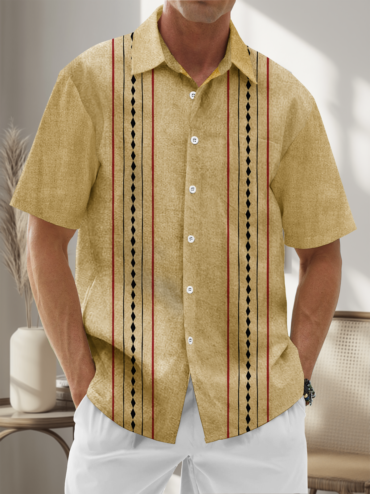 Moisture Wicking Geometric Stripes Chest Pocket Hawaiian Shirt