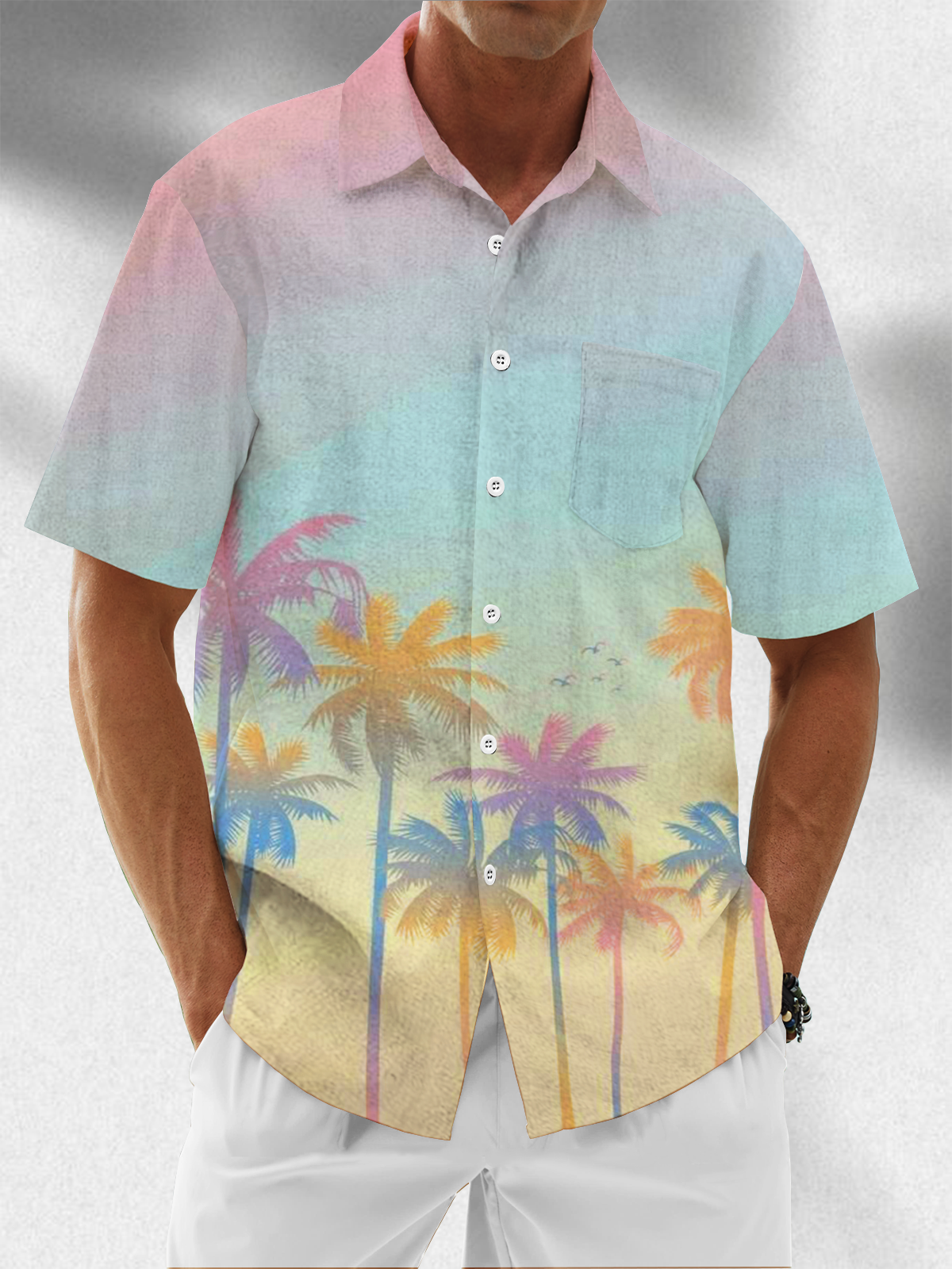 Moisture Wicking Gradient Coconut Tree Chest Pocket Hawaiian Shirt