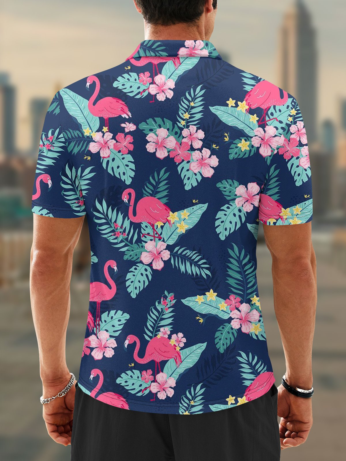Moisture Wicking Hawaiian Flamingo Flower Golf Polo