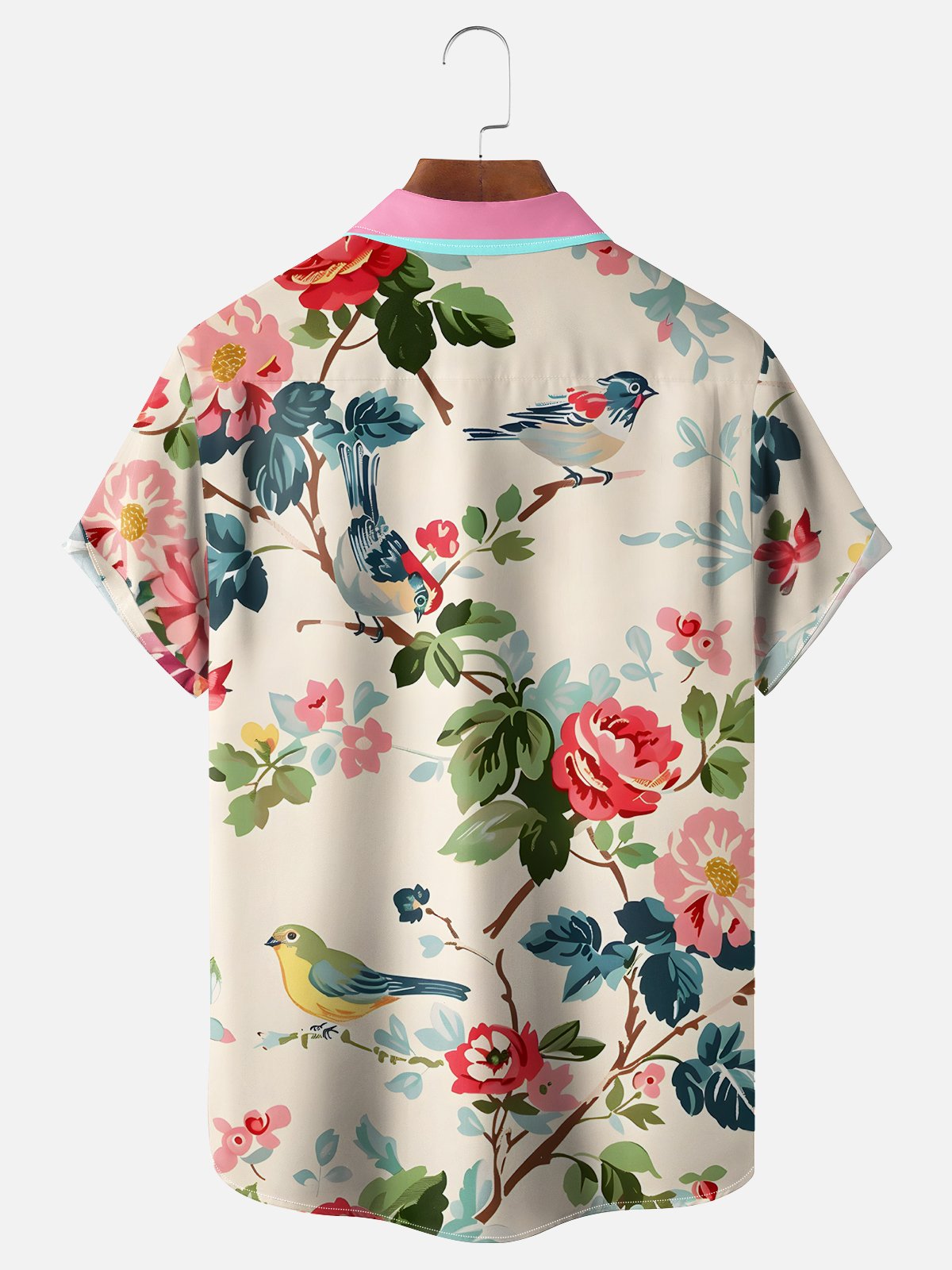 Moisture-wicking Retro Avant-garde Flower and Bird Art Chest Pocket Hawaiian Shirt