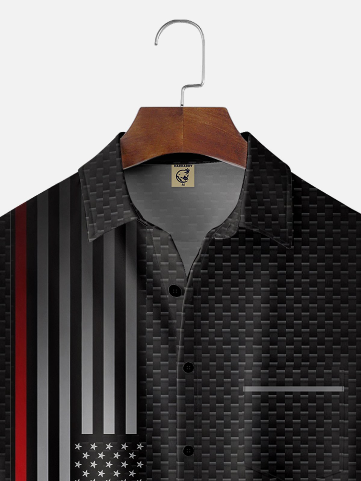 Moisture-wicking American Flag Art Independence Day Black Chest Pocket Bowling Shirt