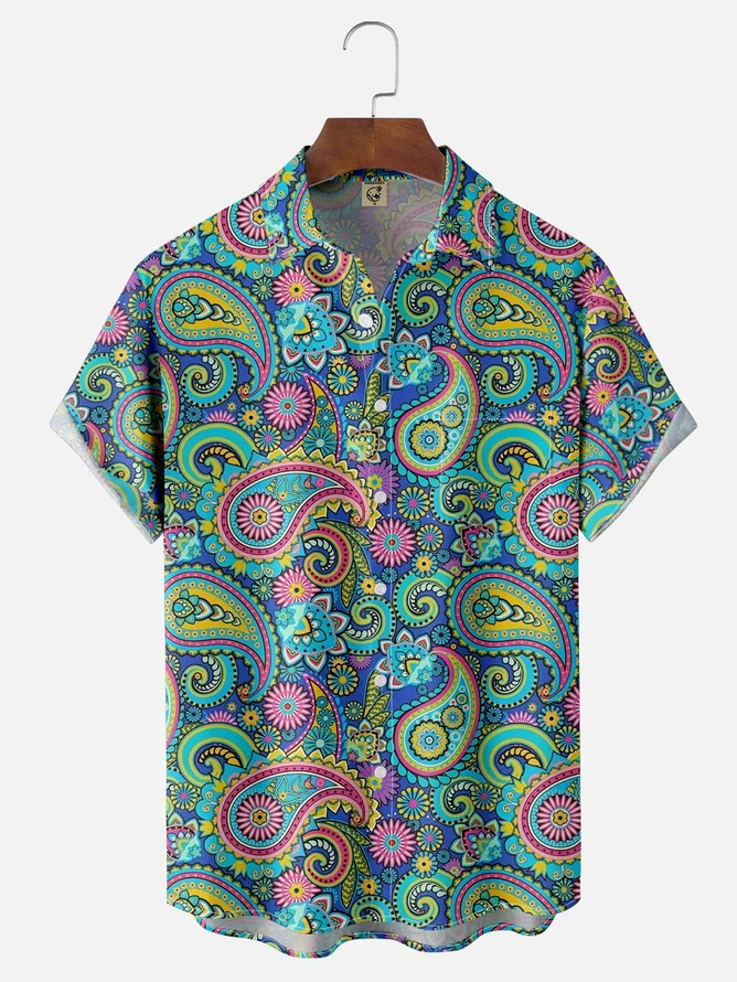 Tall Size Moisture Wicking Paisley Chest Pocket Hawaiian Shirt