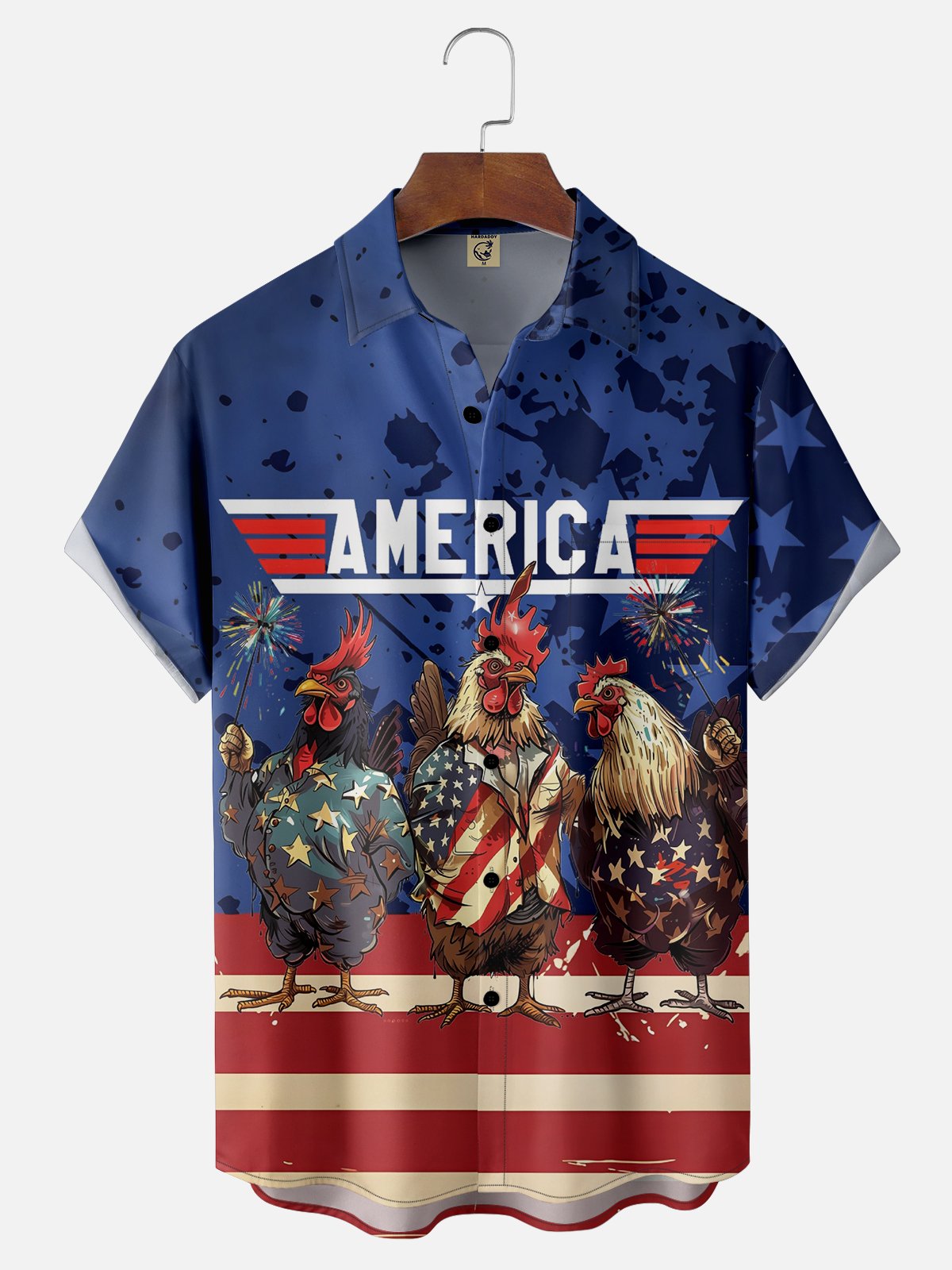 Moisture-wicking Independence Day Rooster American Flag Chest Pocket Casual Shirt
