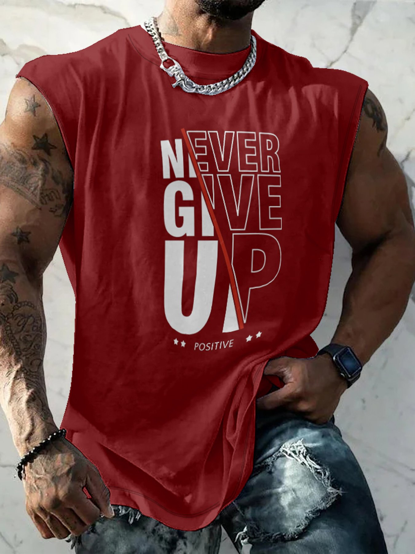 Mens Crewneck Tank Tops Never Give Up Beach Sleeveless Shirt