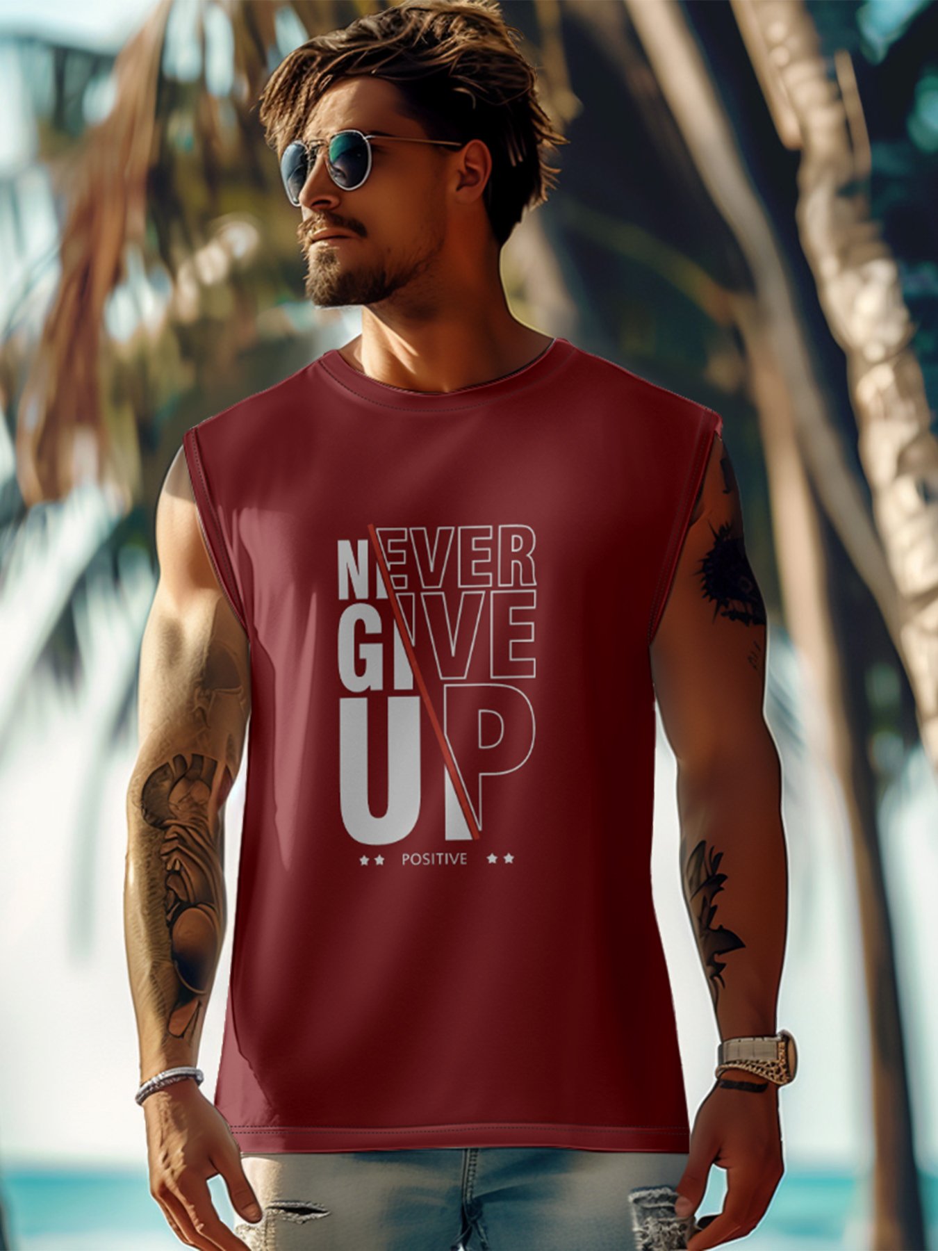 Mens Crewneck Tank Tops Never Give Up Beach Sleeveless Shirt