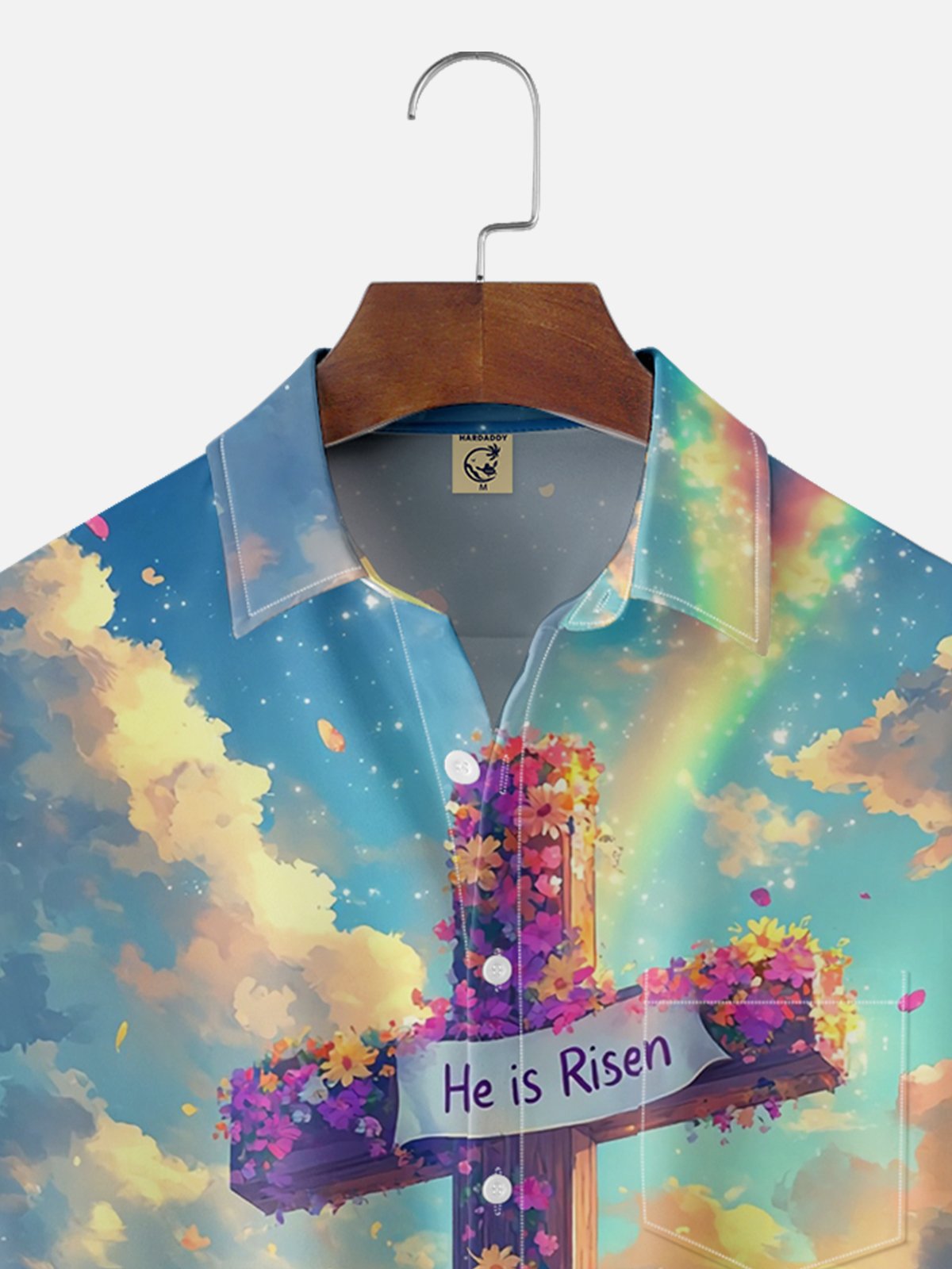 Tall Size Moisture-wicking Happy Easter "HE IS RISEN" Egg Cross Art Chest Pocket Casual Shirt