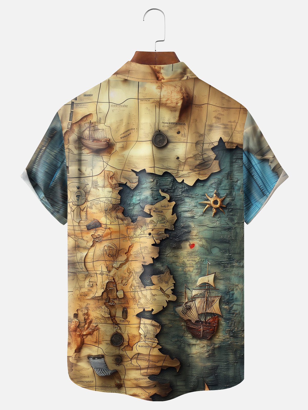 Moisture-wicking Map Sailing Boat Chest Pocket Hawaiian Shirt