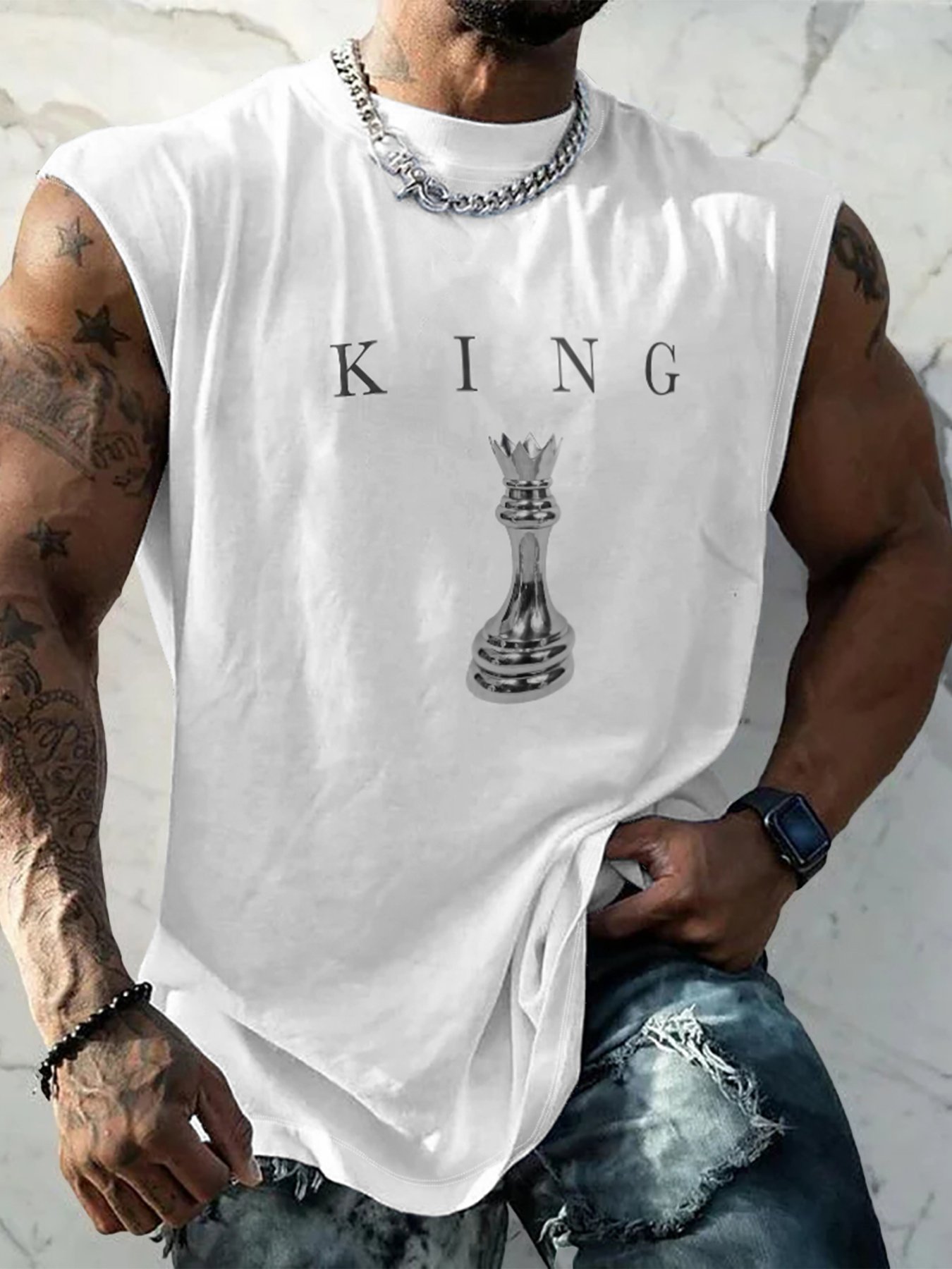 Mens Crewneck Tank Tops Chess King Beach Sleeveless Shirt