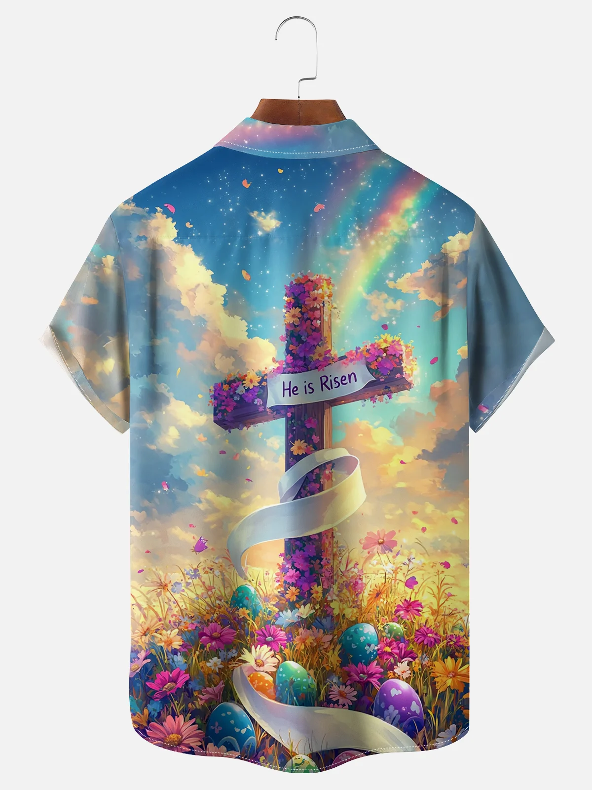 Tall Size Moisture-wicking Happy Easter "HE IS RISEN" Egg Cross Art Chest Pocket Casual Shirt