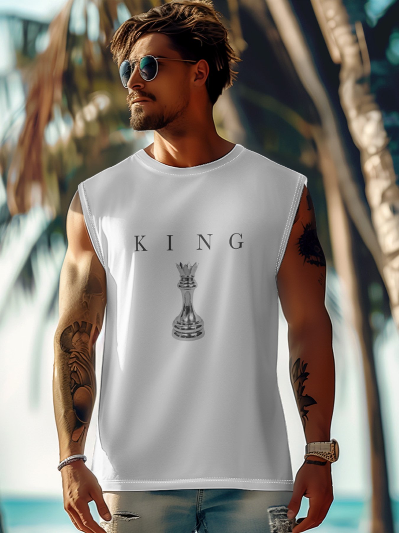 Mens Crewneck Tank Tops Chess King Beach Sleeveless Shirt