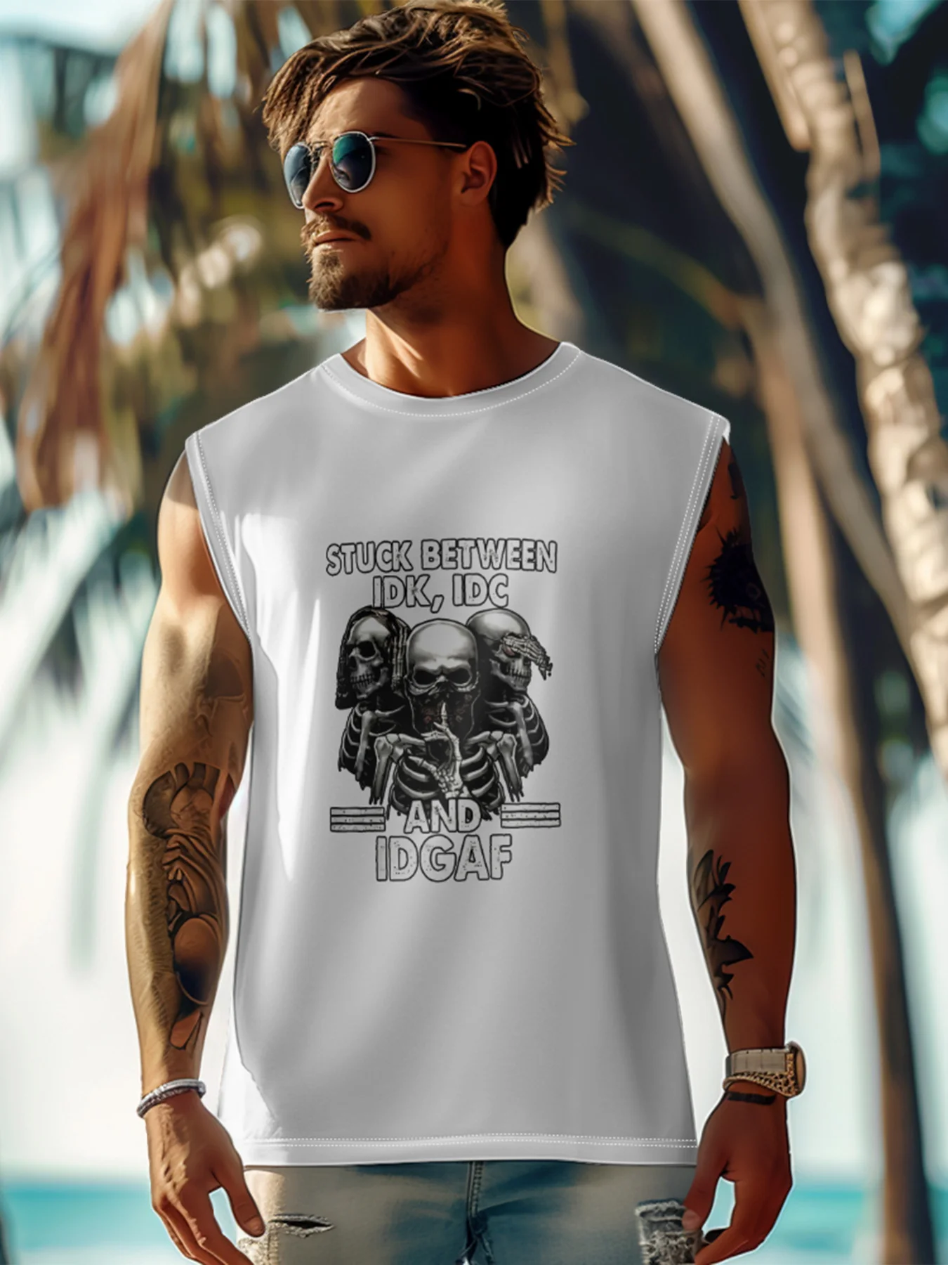Mens Crewneck Tank Tops IDK IDC IDGAF Beach Sleeveless Shirt