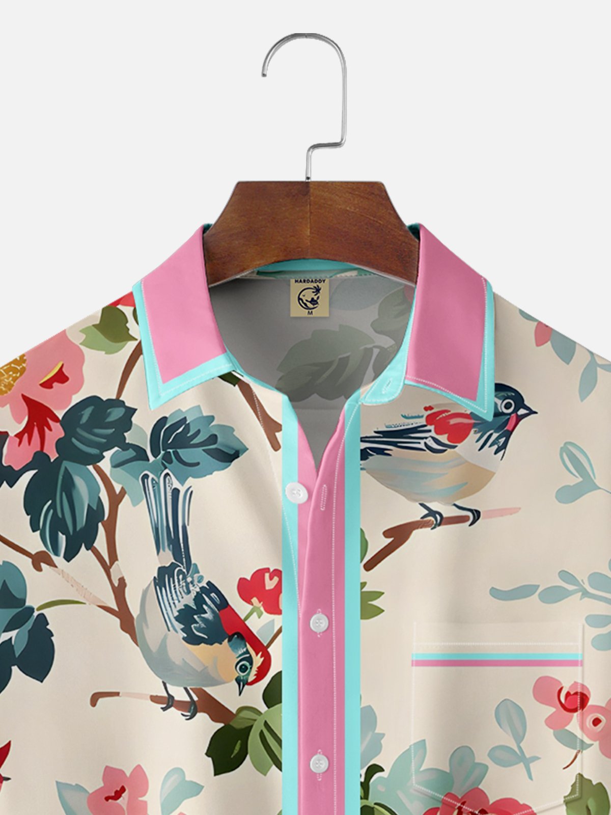 Moisture-wicking Retro Avant-garde Flower and Bird Art Chest Pocket Hawaiian Shirt