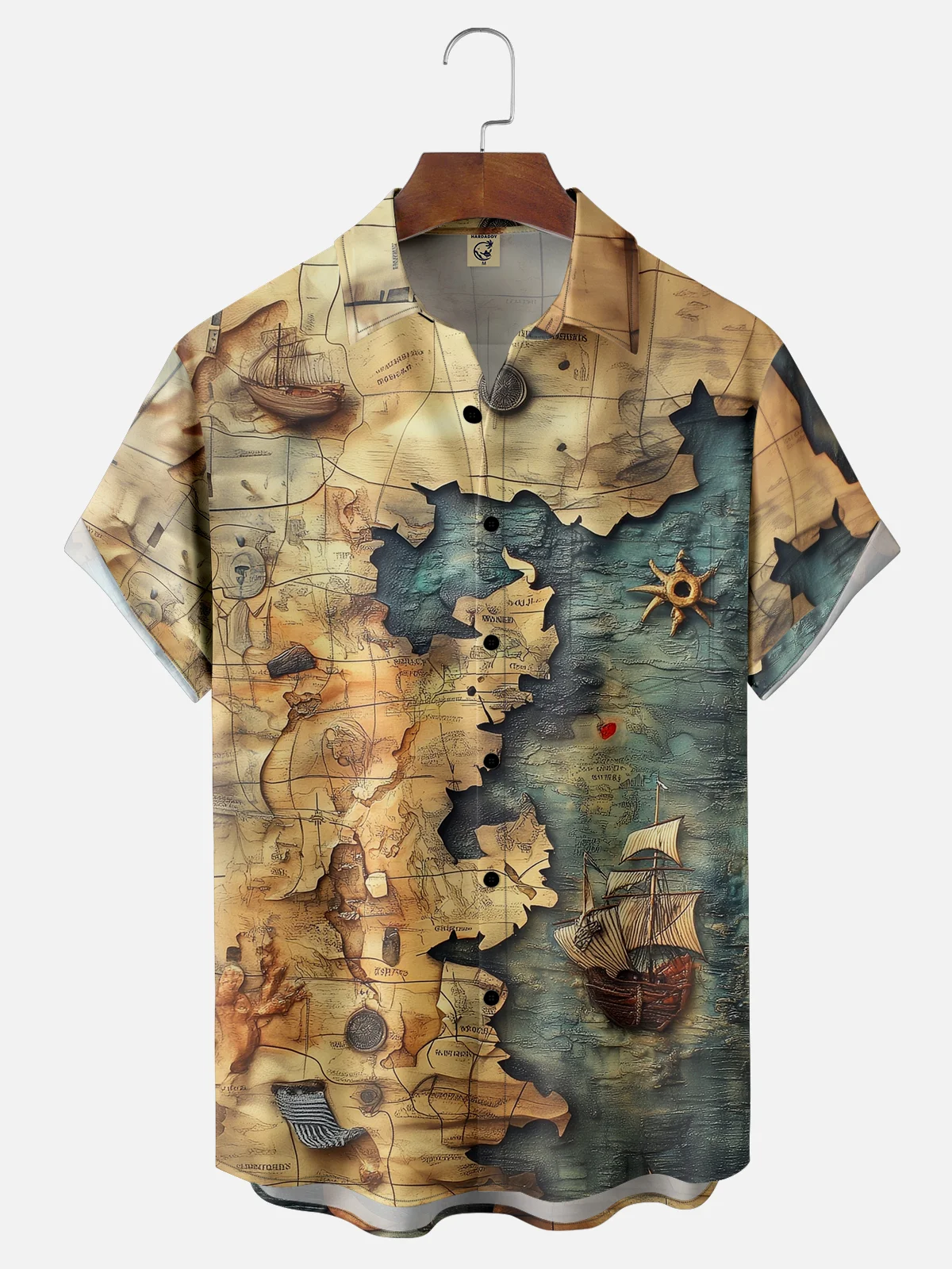 Moisture-wicking Map Sailing Boat Chest Pocket Hawaiian Shirt