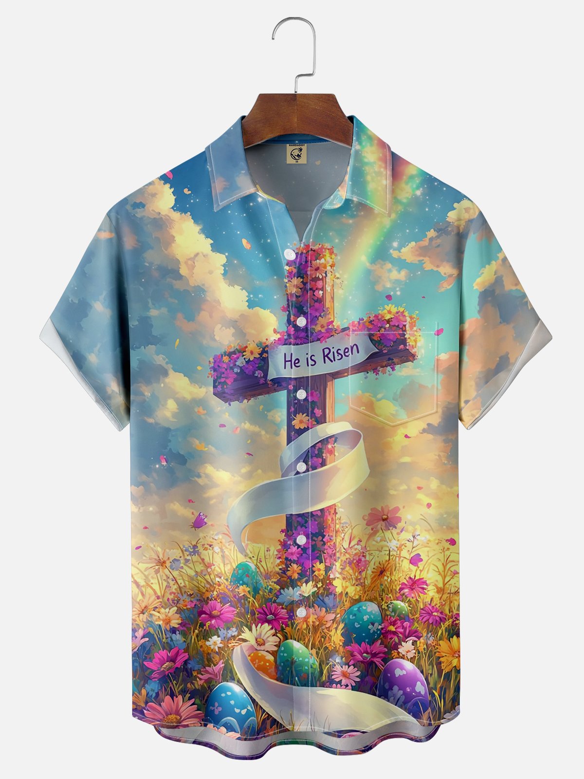 Tall Size Moisture-wicking Happy Easter "HE IS RISEN" Egg Cross Art Chest Pocket Casual Shirt