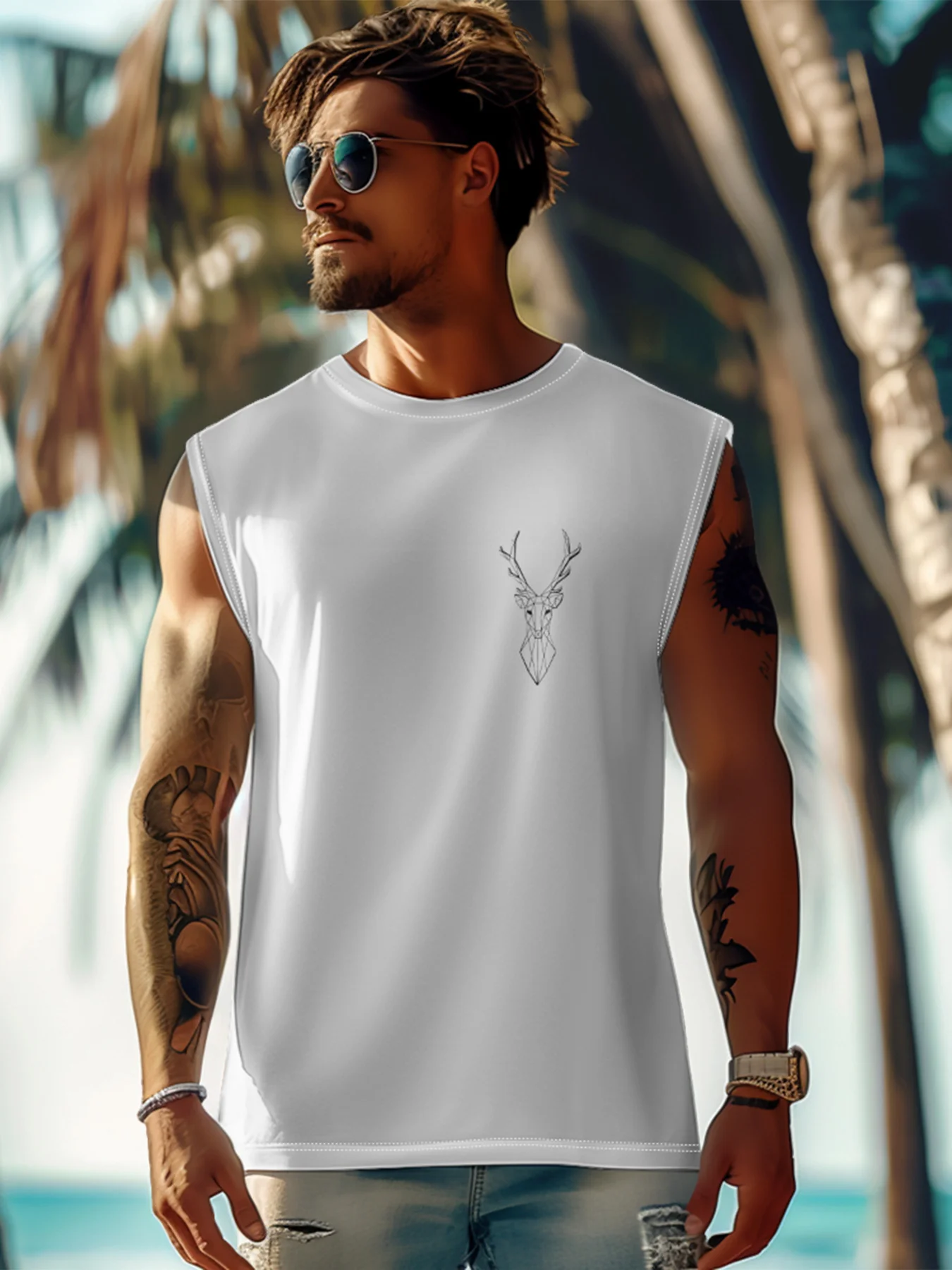 Mens Crewneck Tank Tops Reindeer Beach Sleeveless Shirt