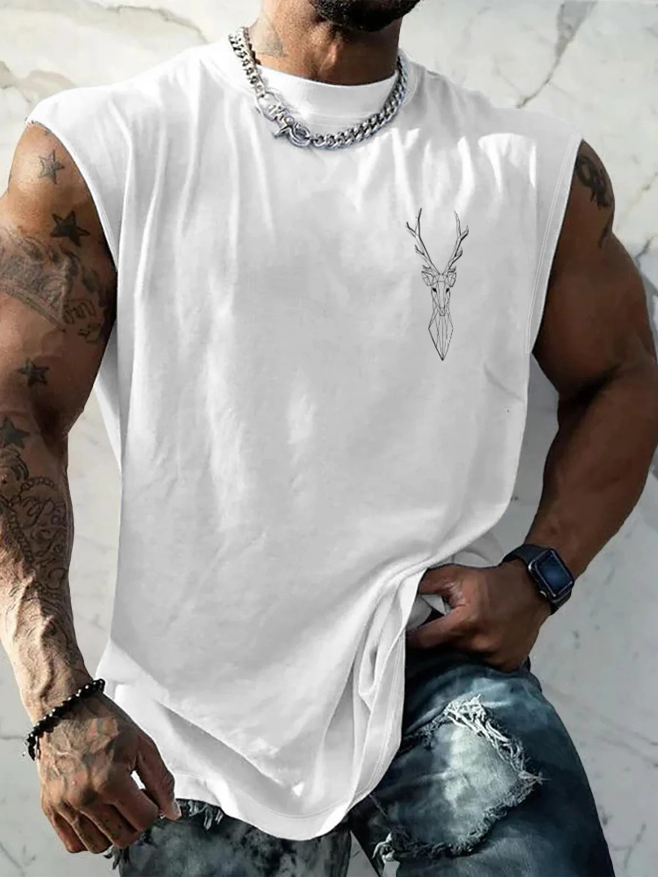 Mens Crewneck Tank Tops Reindeer Beach Sleeveless Shirt