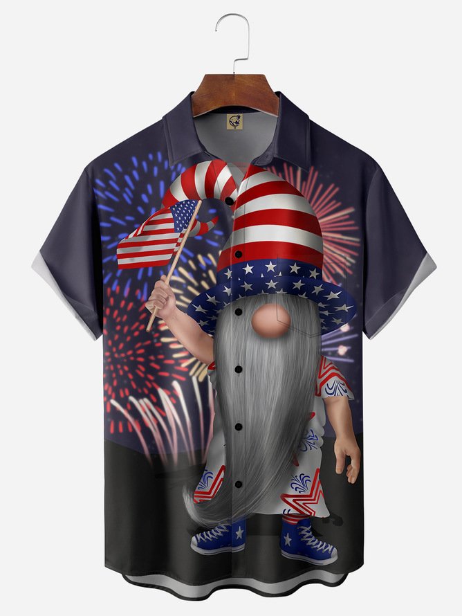Tall Size Moisture-wicking American Flag Gnome Chest Pocket Casual Shirt