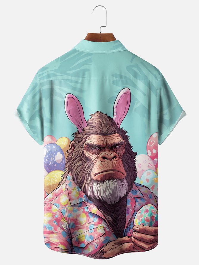 Tall Size Moisture-wicking Easter Bigfoot Bunny Chest Pocket Casual Shirt